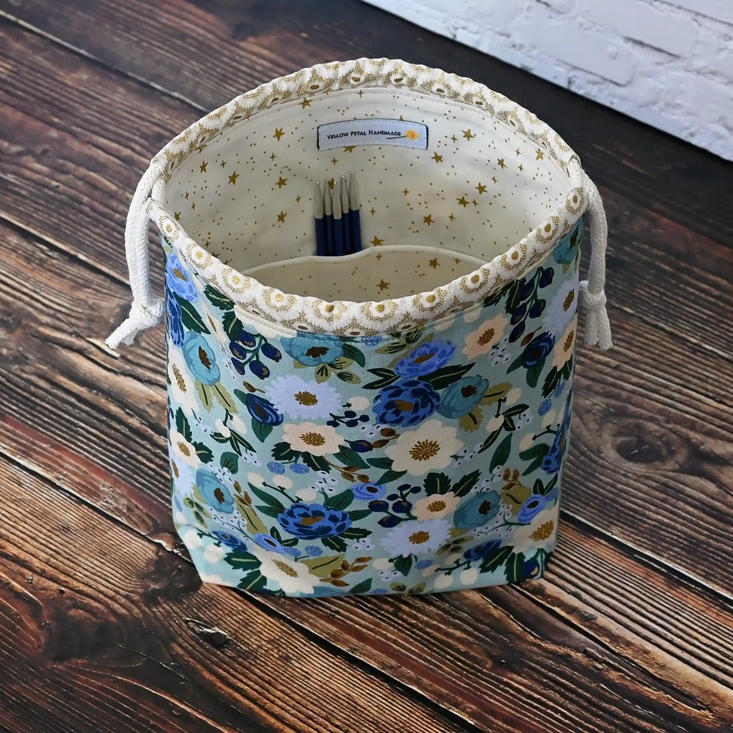 Aqua floral drawstring bag for knitting or crochet. Made from Rifle Paper Co's Vintage Garden collection. Made in Nova Scotia, Canada by Yellow Petal Handmade.