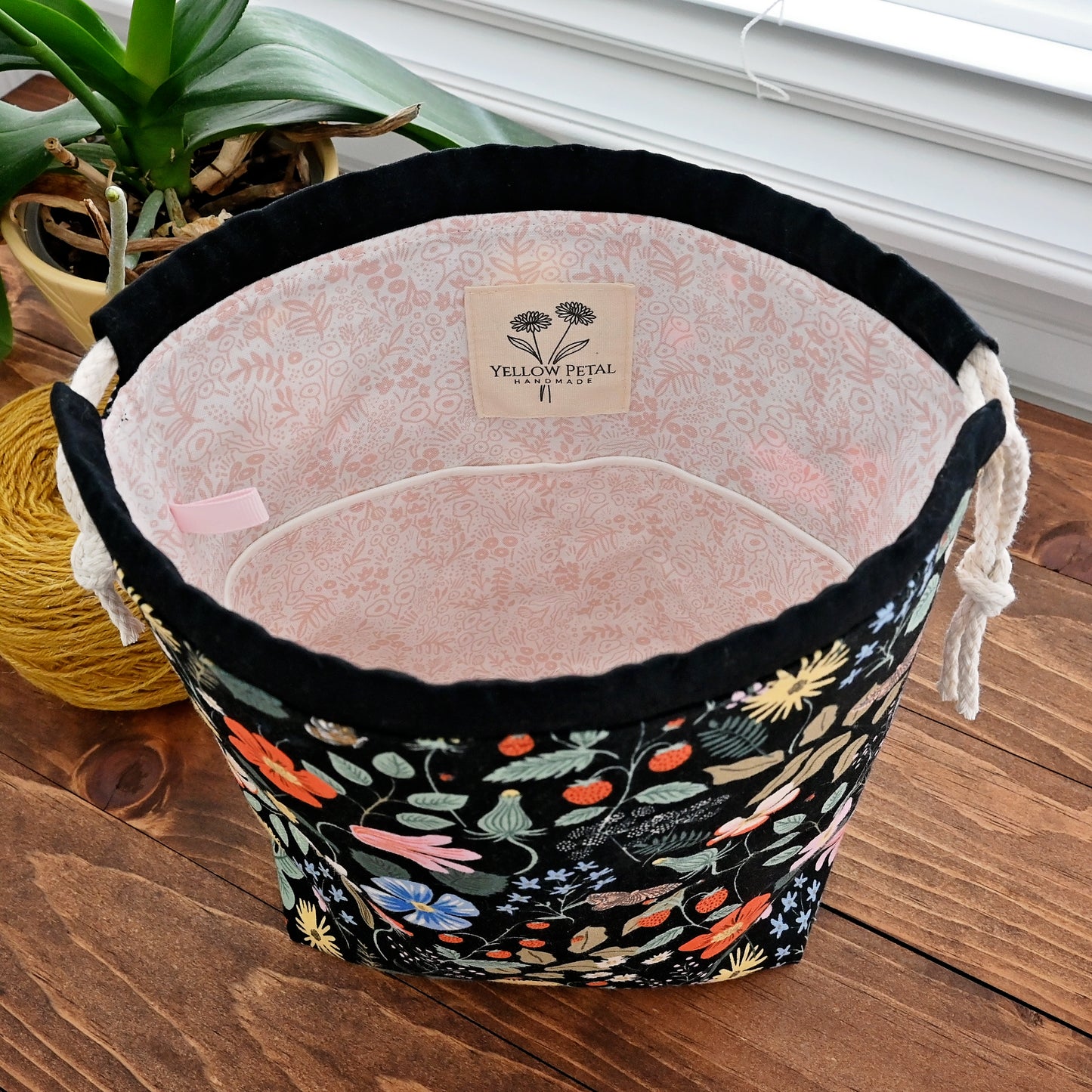 Black Strawberry Fields Drawstring Project Bag with Pockets