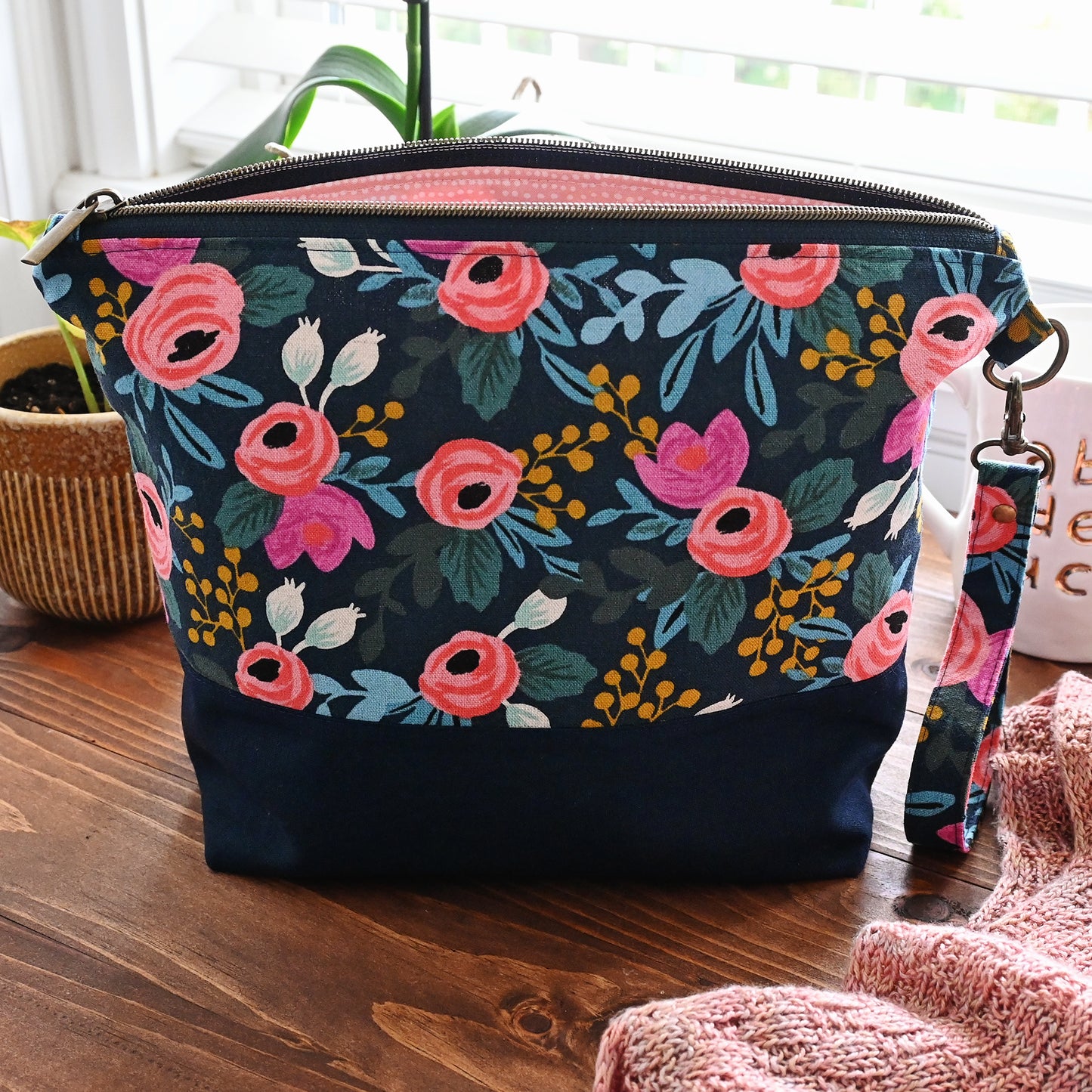 Navy Rosa Canvas Project Bag with Pockets