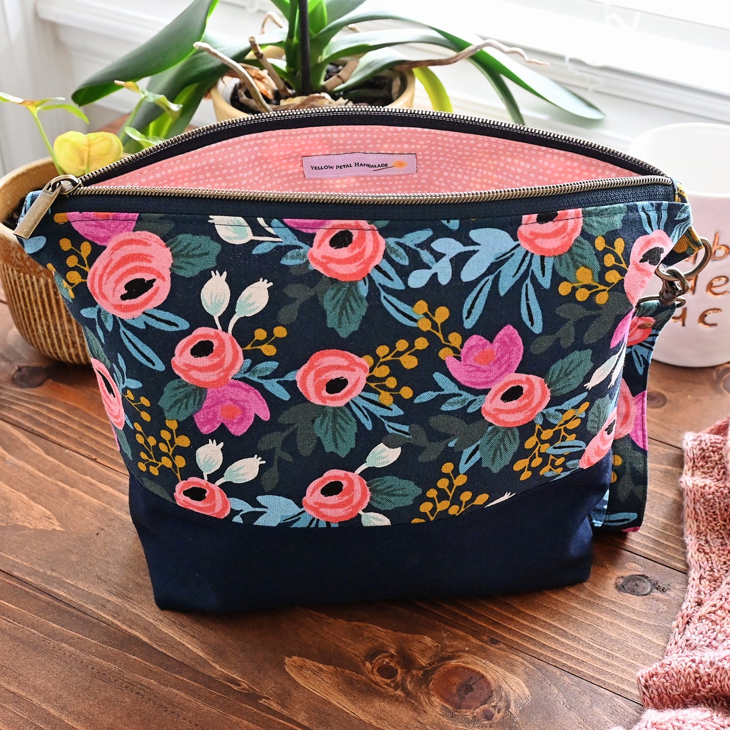 Navy Rosa Canvas Project Bag with Pockets