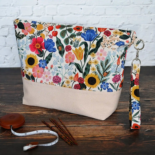 Pretty blush floral zippered project bag with pockets.  Made from Rifle Paper's Curio Collection by Yellow Petal Handmade in Nova Scotia, Canada.