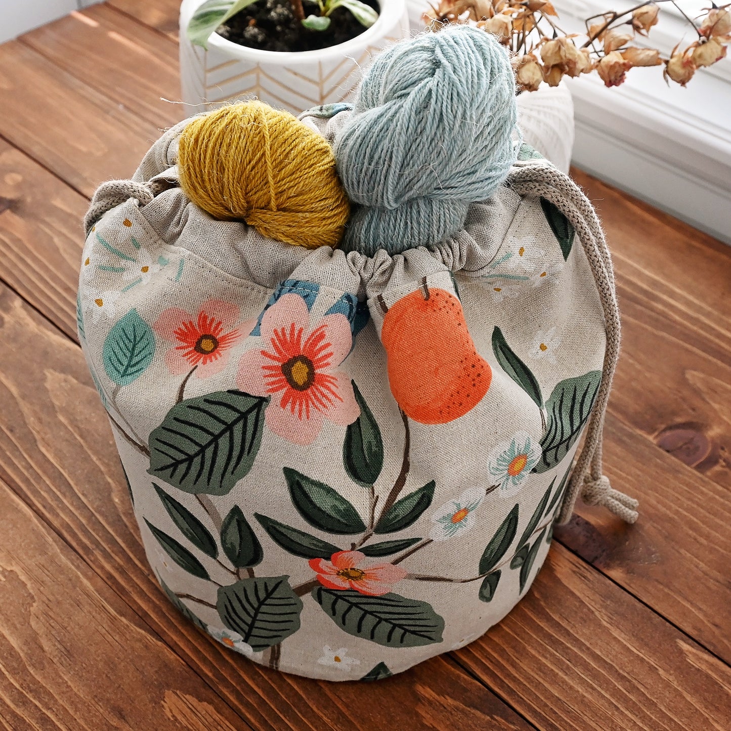 Canvas Bucket Bag with Pockets in Rifle Paper Co. Bramble Fabric