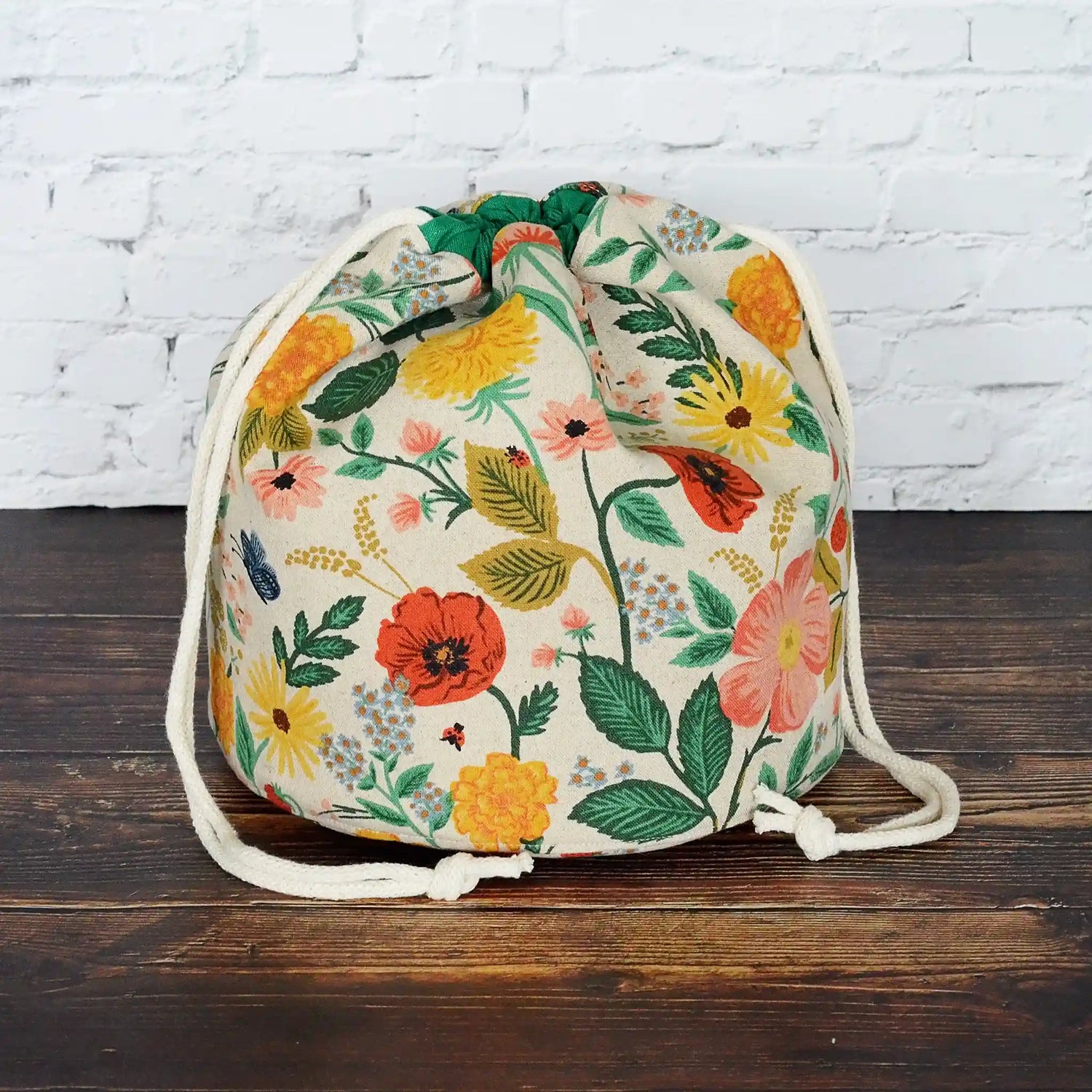 Pretty unbleached floral canvas bucket bag for knitting or crochet.  Made in Nova Scotia by Yellow Petal Handmade.