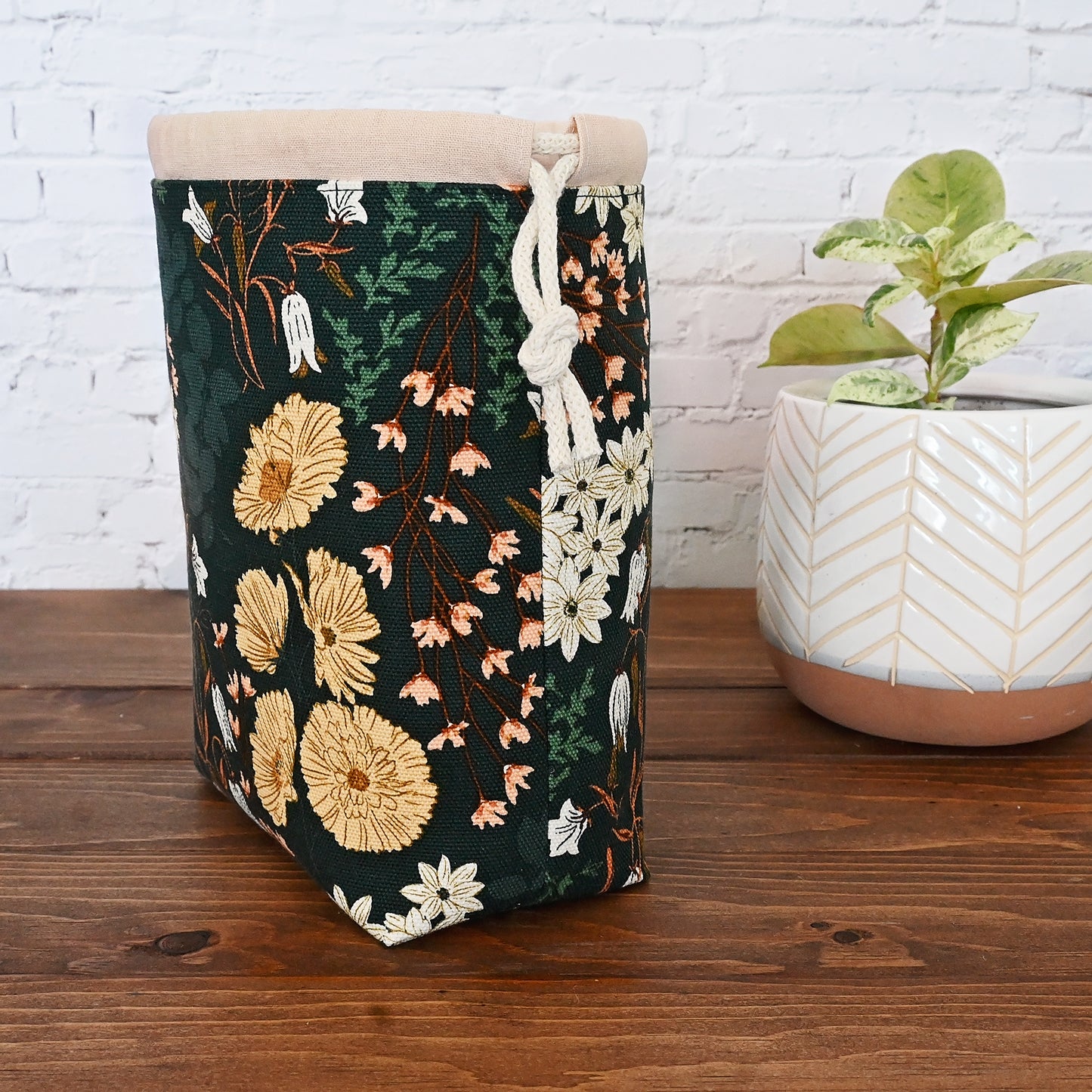 Green Floral Canvas Project Bag with Pockets