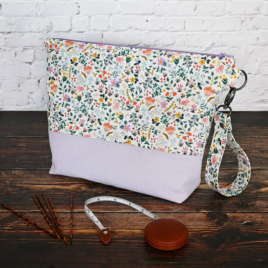 White Floral and Mauve Linen Zippered Project Bag in Rifle Paper's Curio