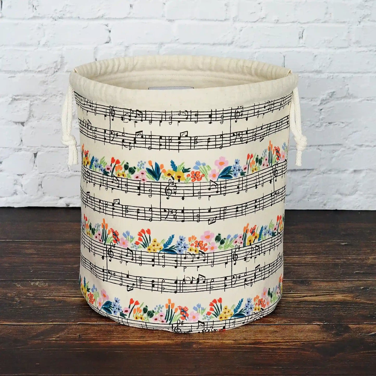 Music themed knitting project bag with drawstring. Made in Canada by Yellow Petal Handmade.