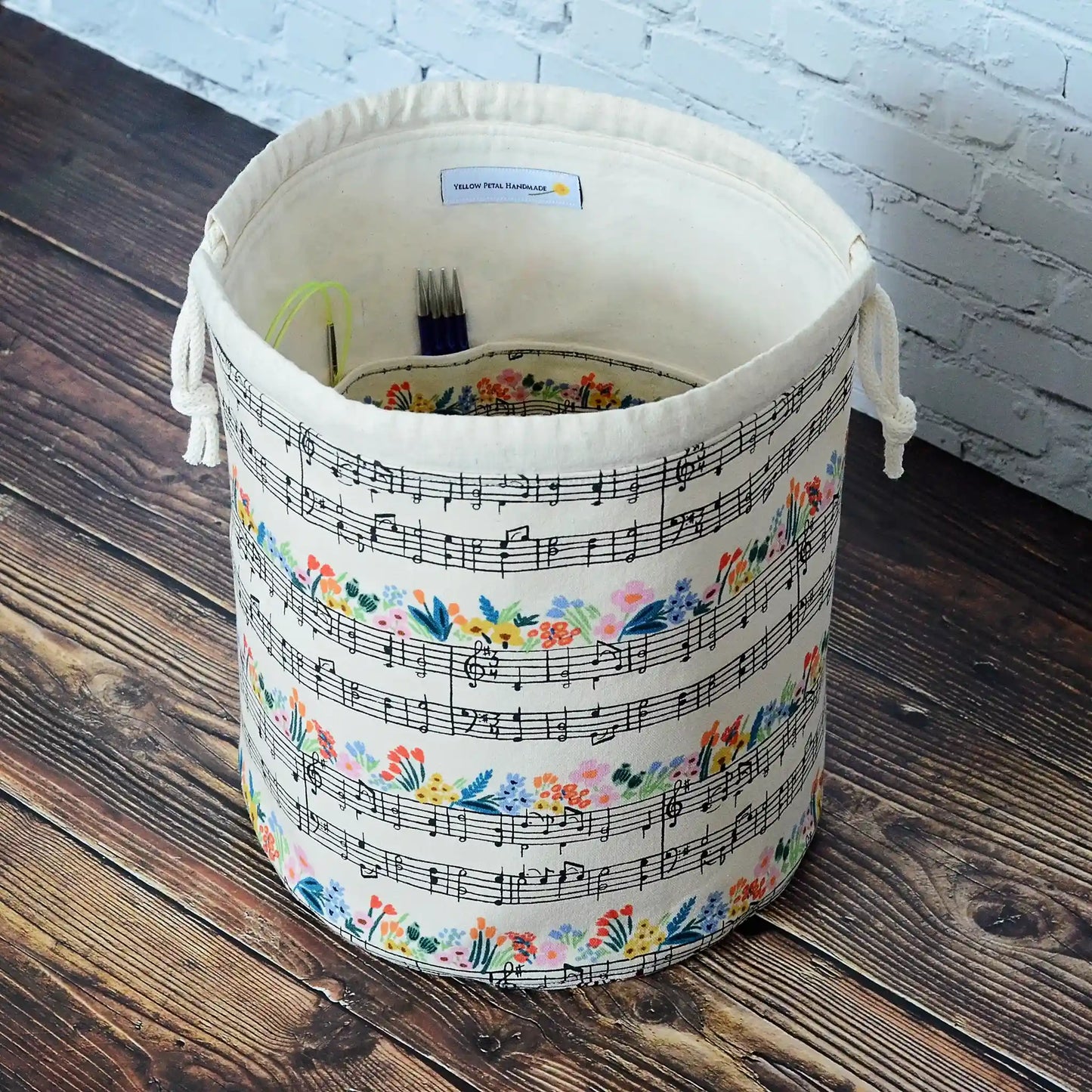 Music themed knitting project bag with drawstring. Made in Canada by Yellow Petal Handmade.