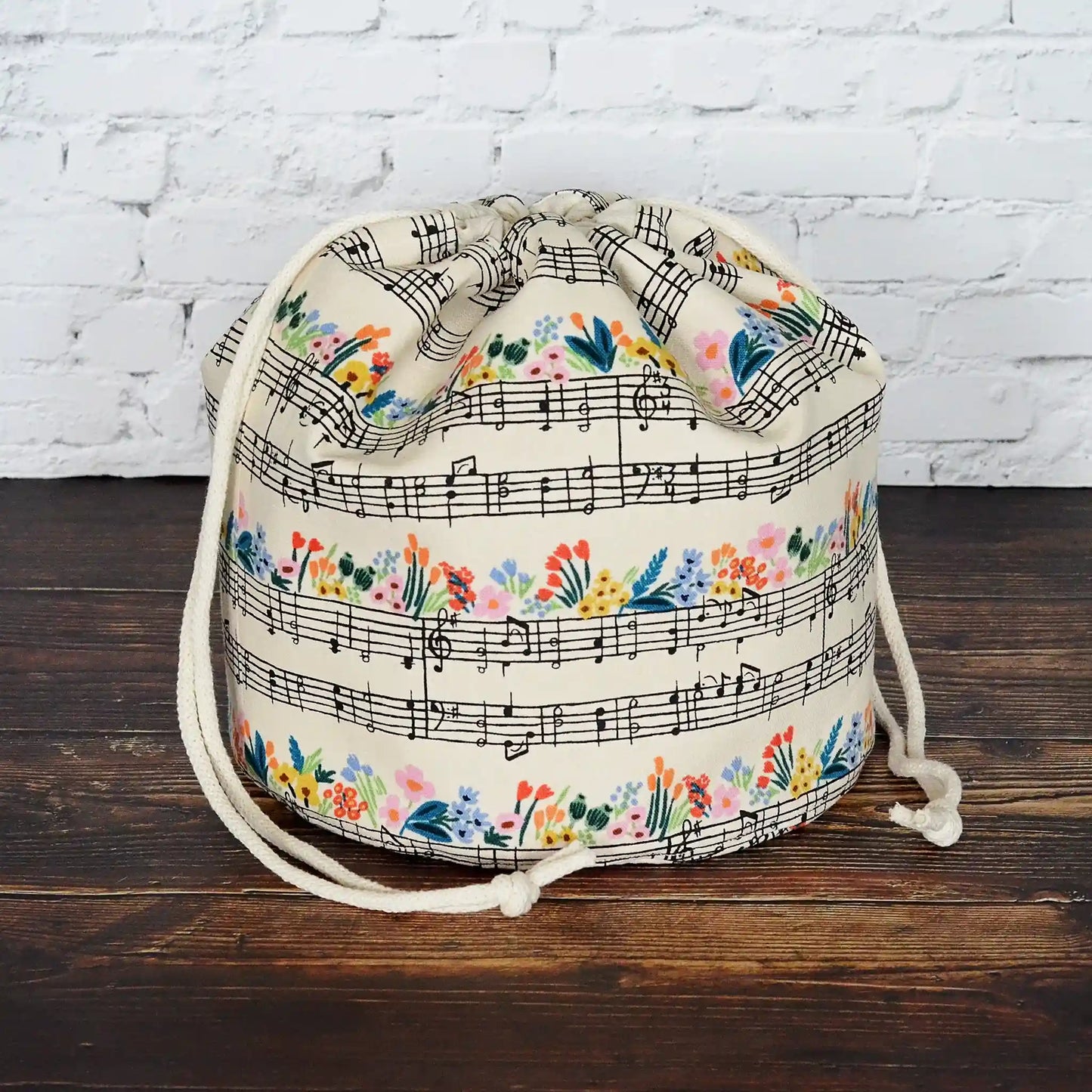 Music themed knitting project bag with drawstring. Made in Canada by Yellow Petal Handmade.