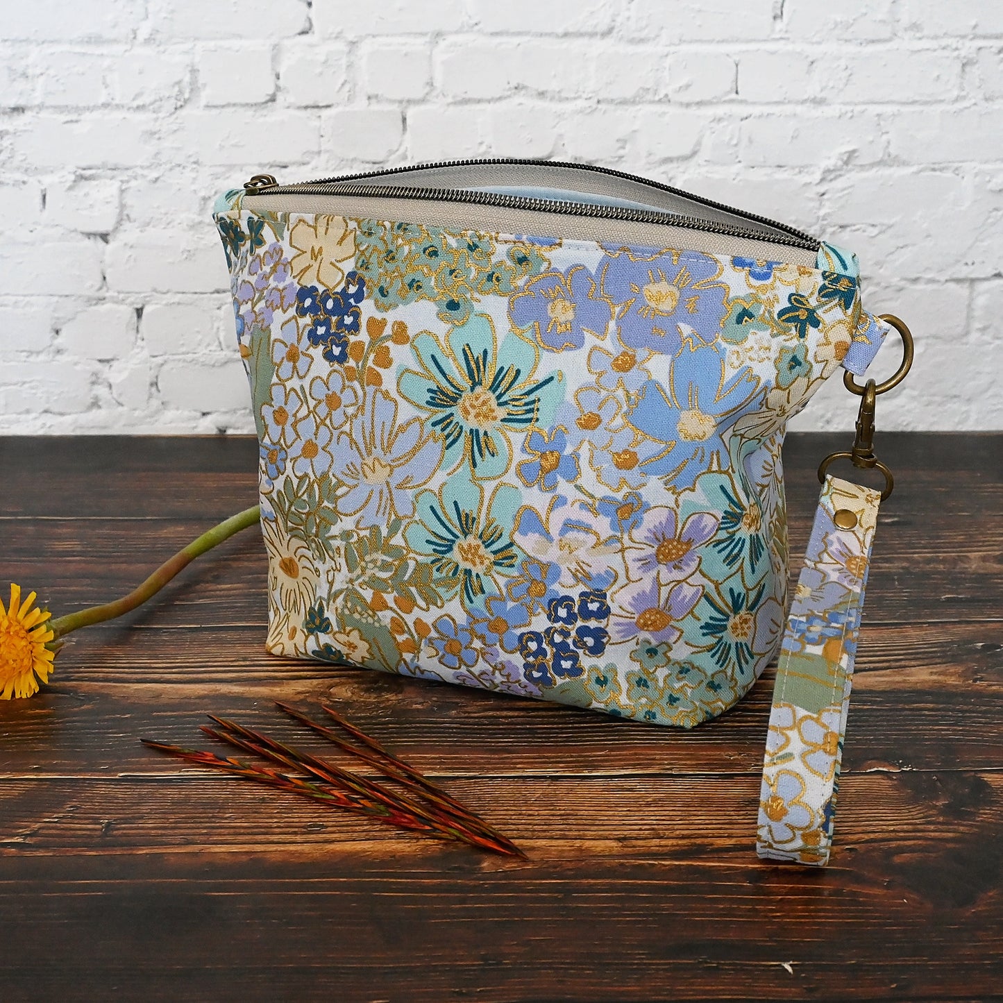 Pretty Canvas Zippered Sock Project Bag in Rifle Paper Co's English Rose