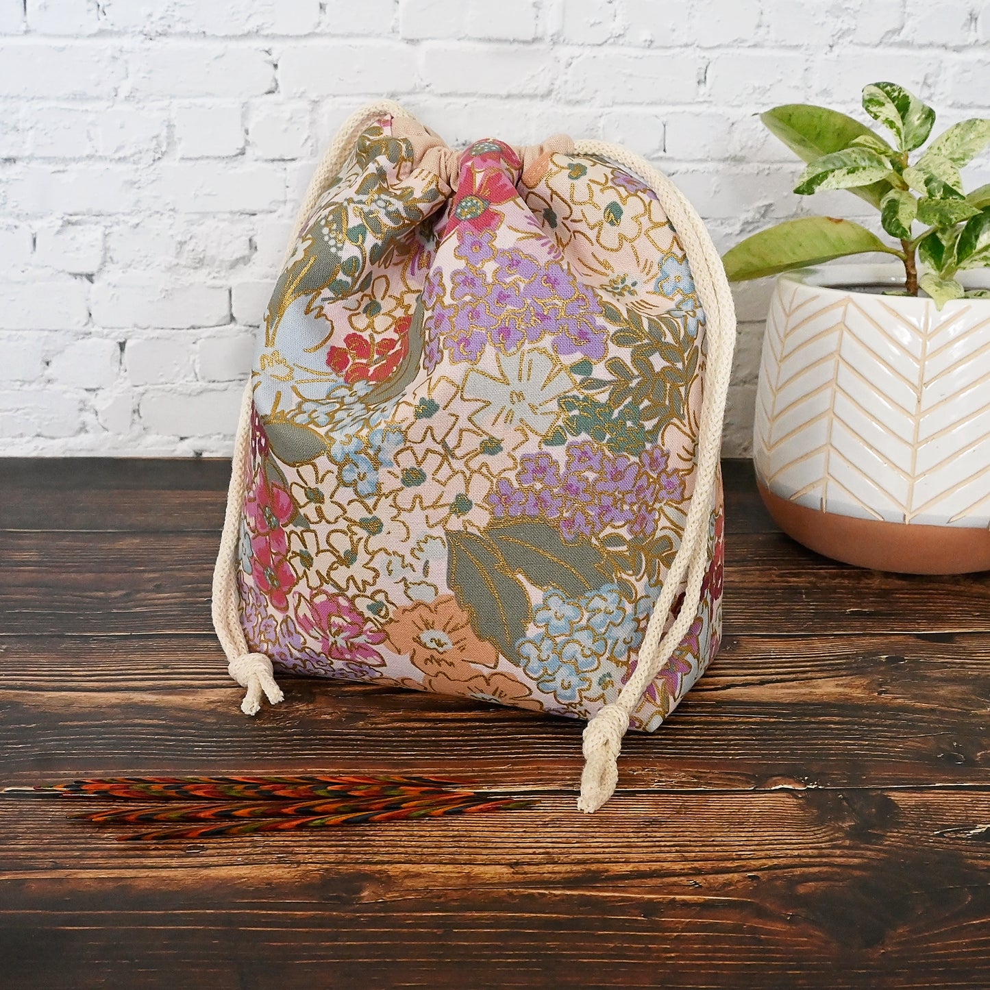 Canvas Drawstring Project Bag in Rifle Paper Co's English Rose