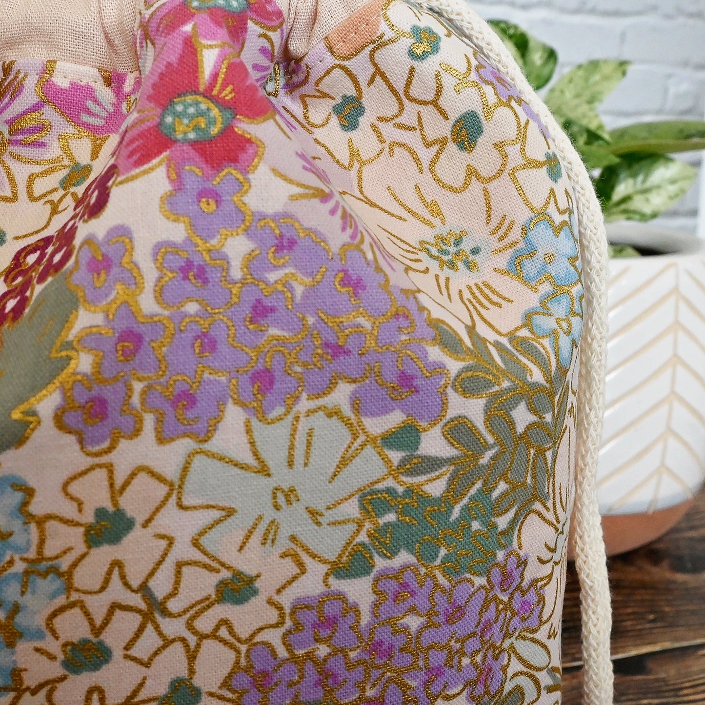 Canvas Drawstring Project Bag in Rifle Paper Co's English Rose