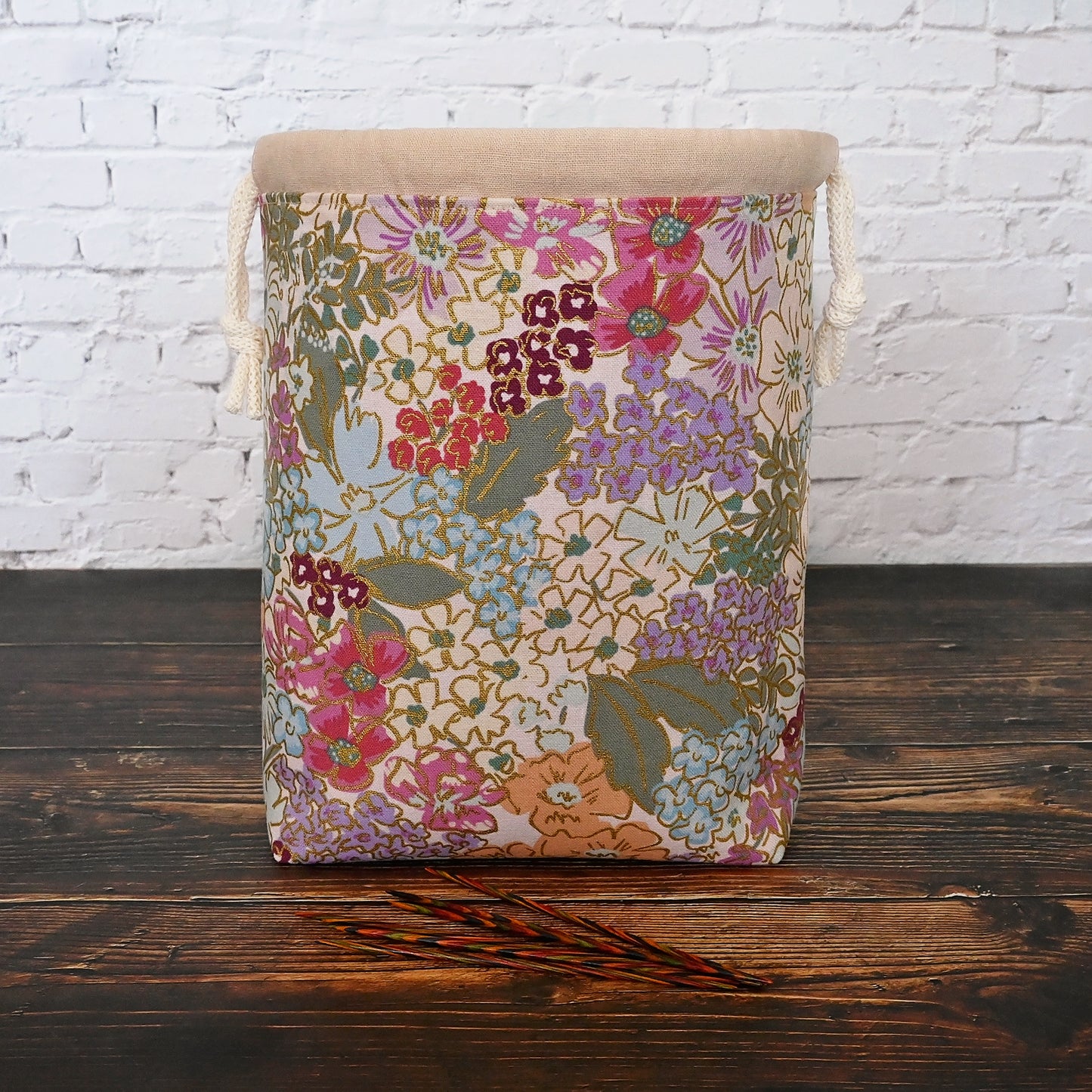 Canvas Drawstring Project Bag in Rifle Paper Co's English Rose