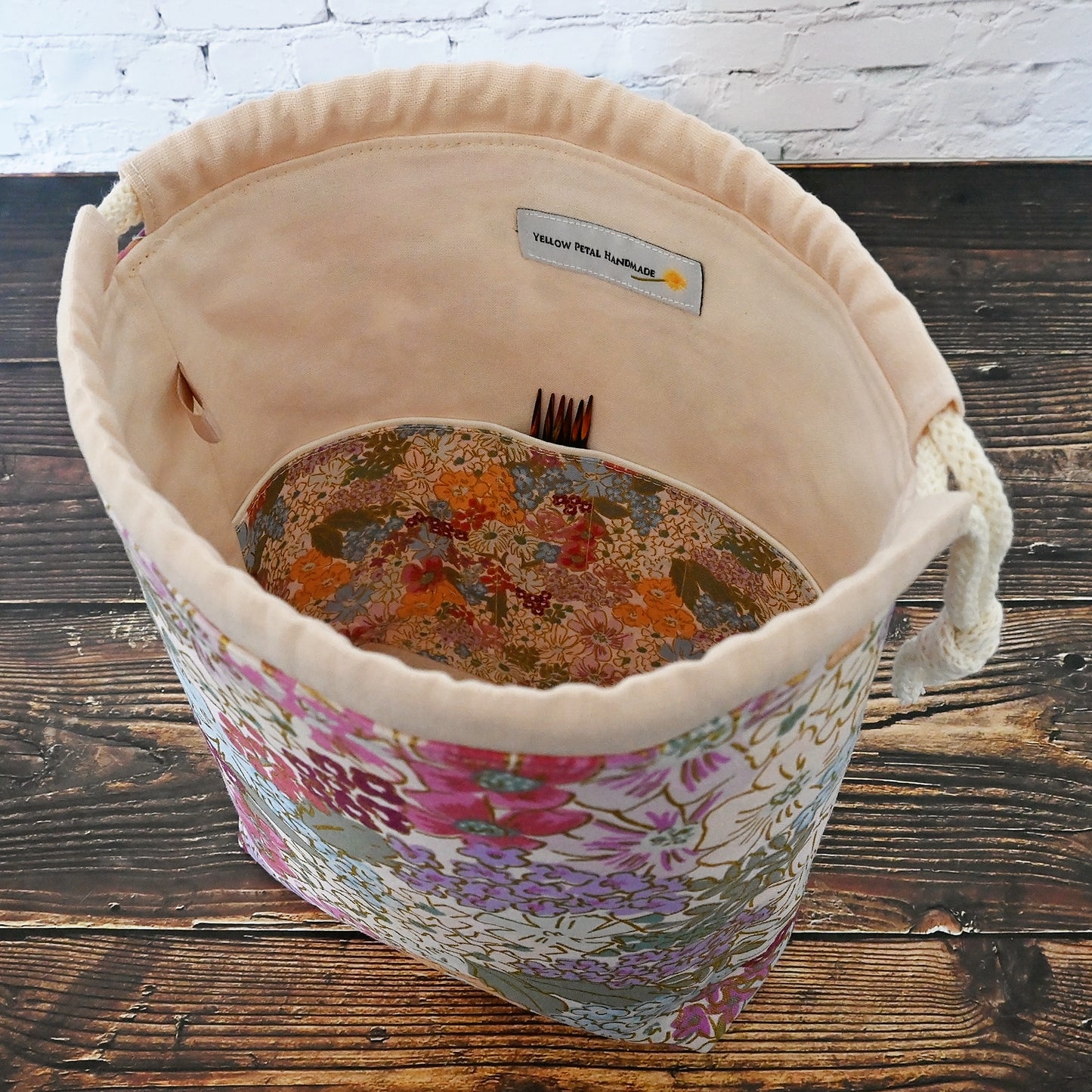 Canvas Drawstring Project Bag in Rifle Paper Co's English Rose