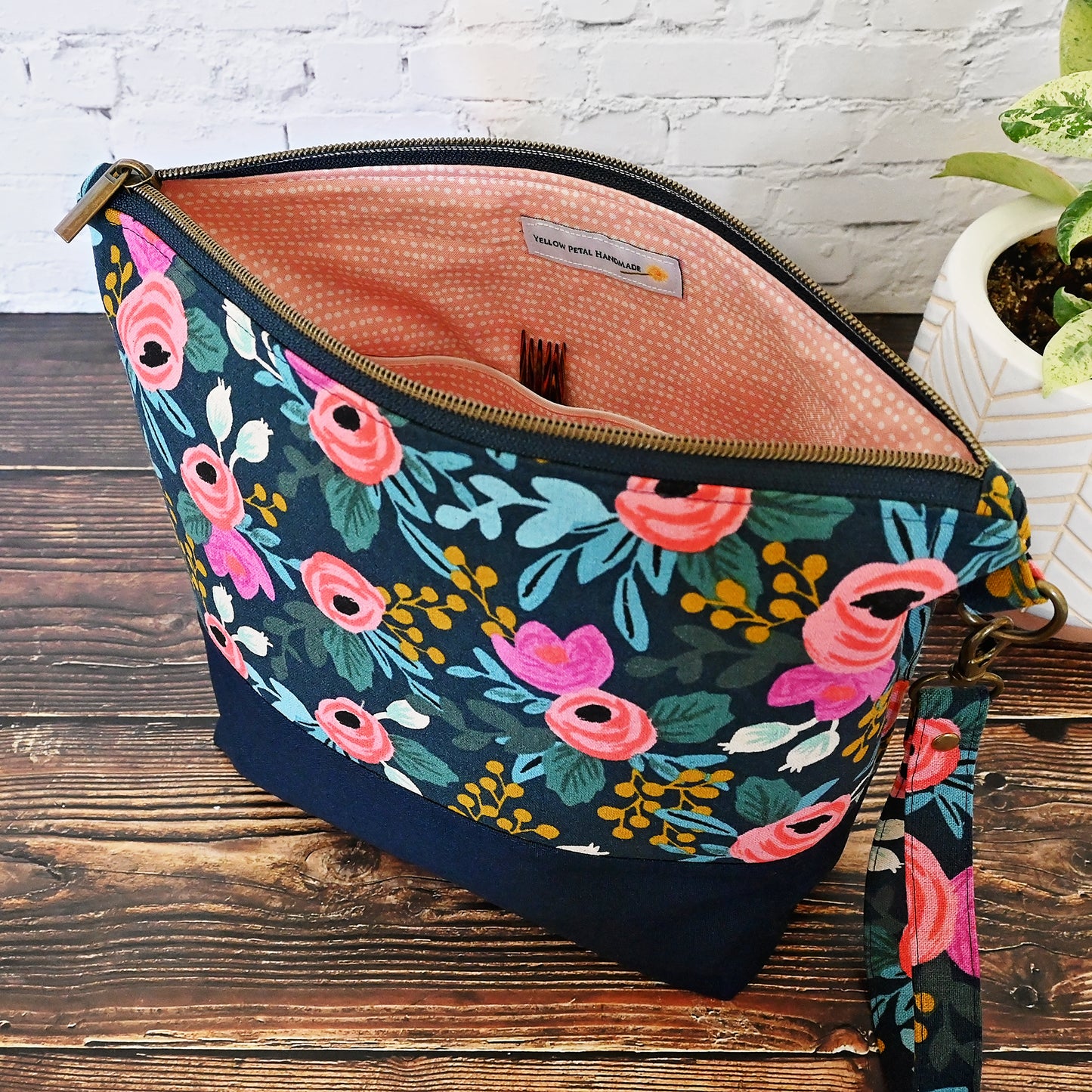 Navy Rosa Canvas Project Bag with Pockets