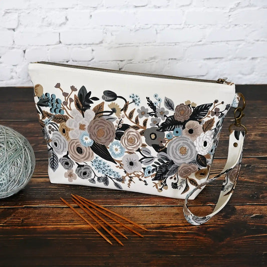 Cream and Grey Floral Project Bag with Removable Strap