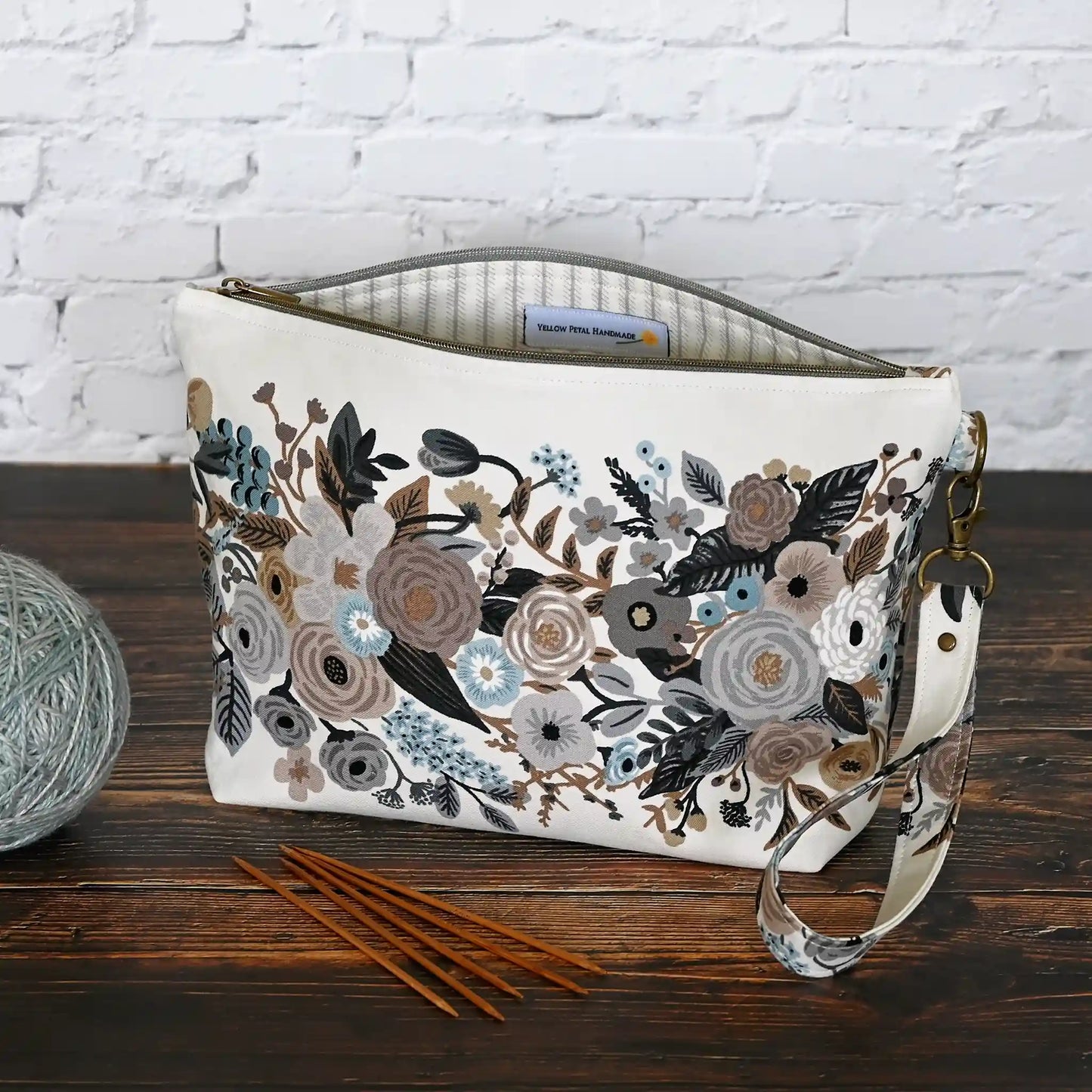 Cream and Grey Floral Project Bag with Removable Strap