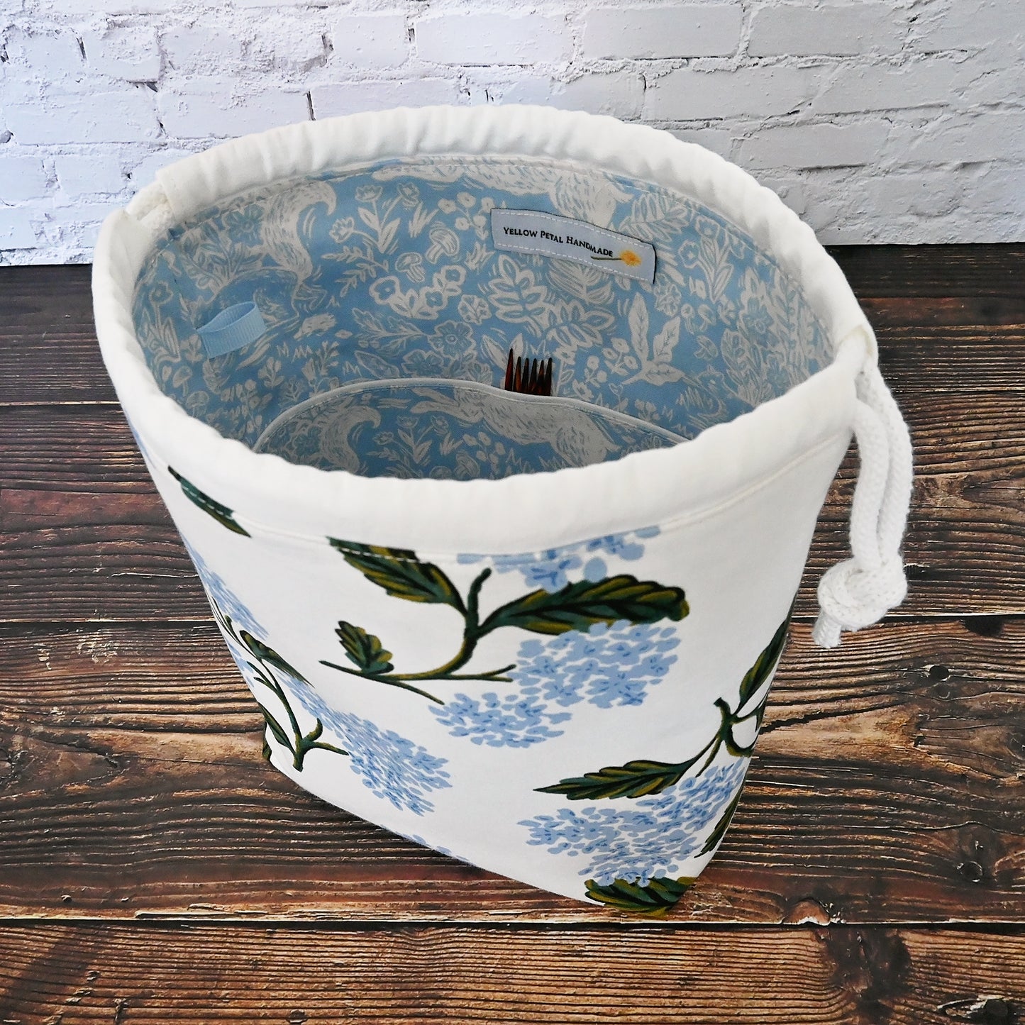 Pretty White and Blue Hydrangea Drawstring Bag