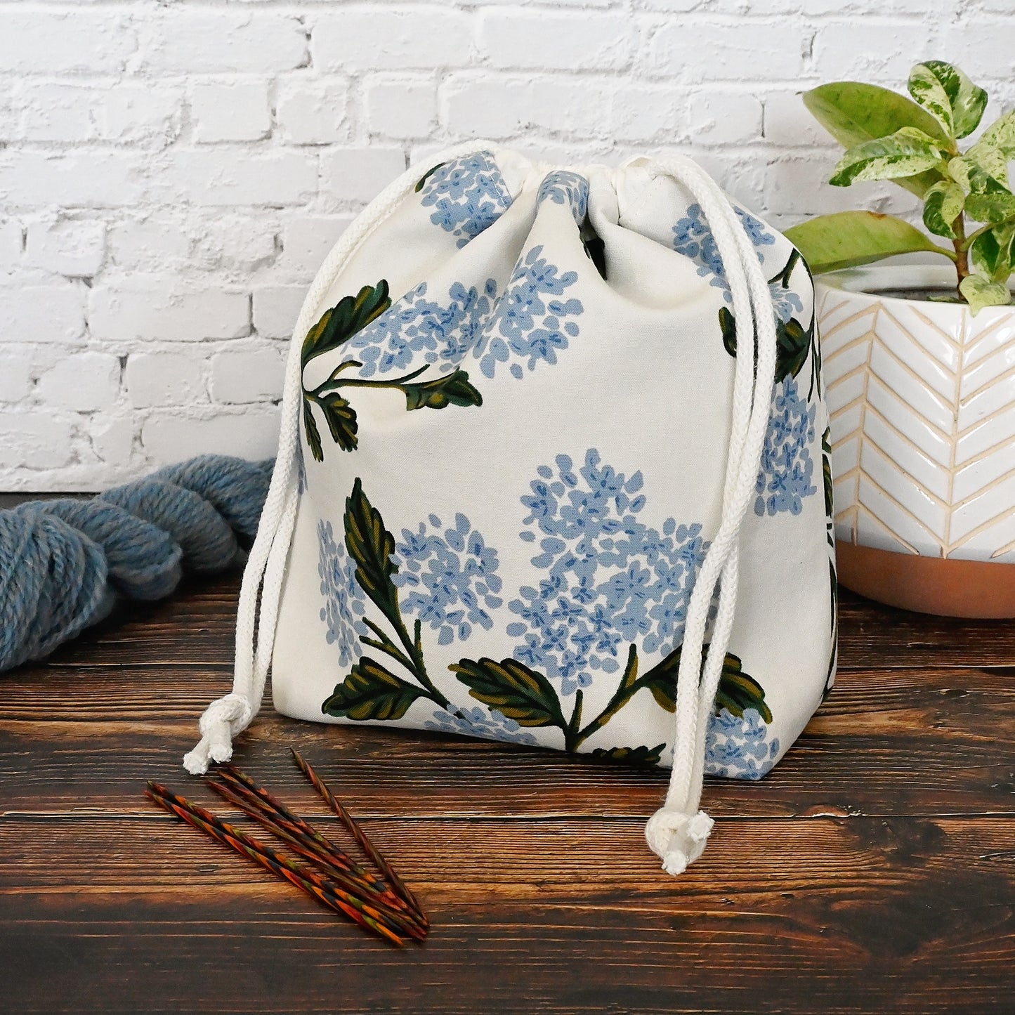 Pretty White and Blue Hydrangea Drawstring Bag