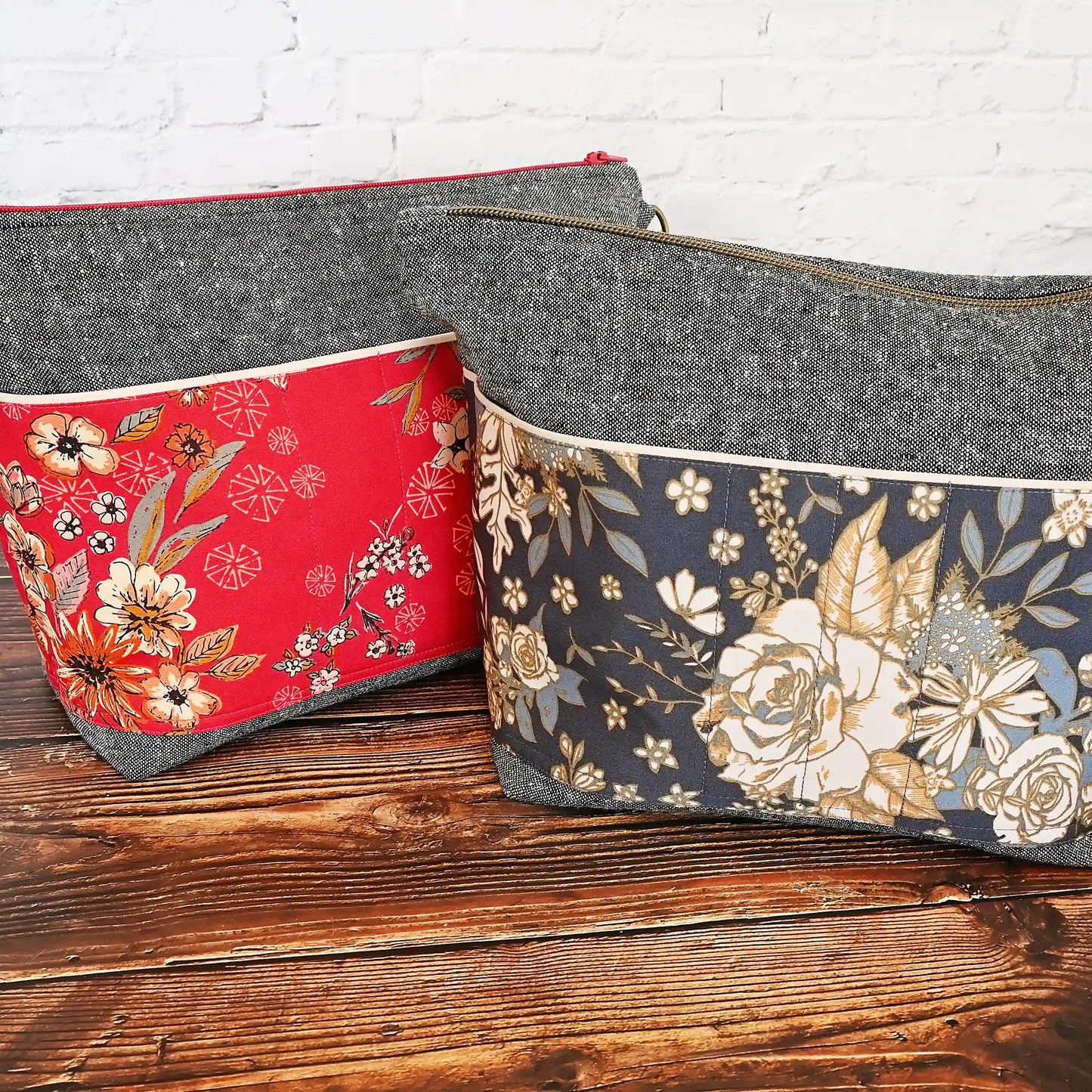 Linen Project Bag with Beautiful Red Floral Pockets
