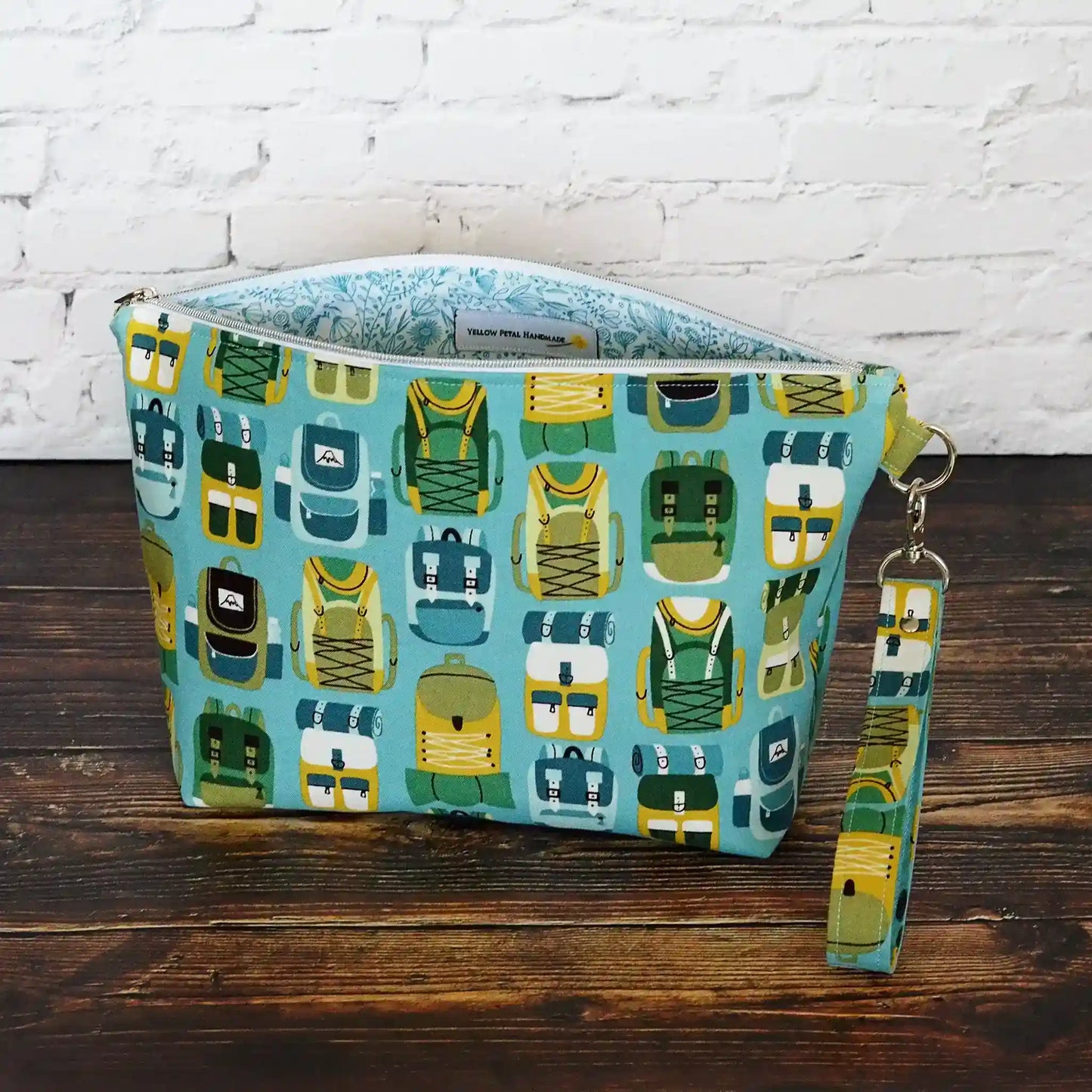 Hiking themed pouch with removable strap. Made in Nova Scotia, Canada by Yellow Petal Handmade.
