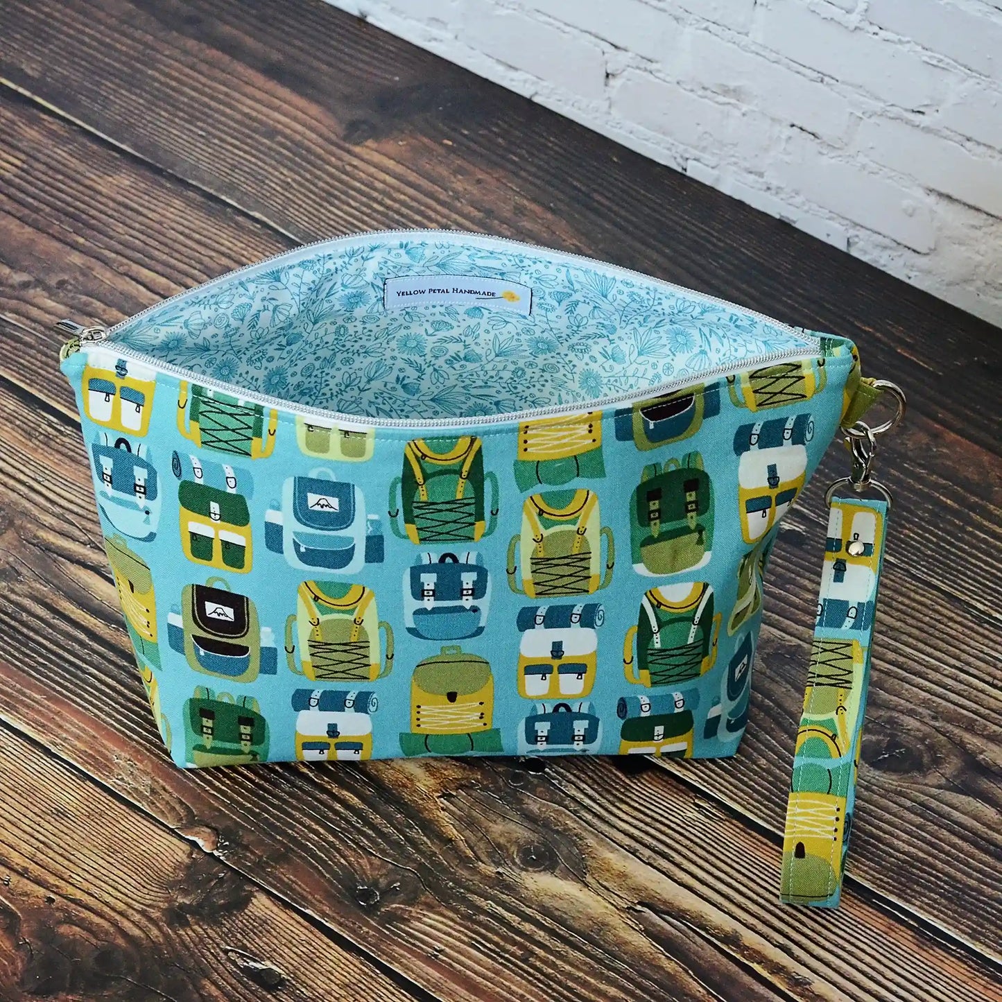 Hiking themed pouch with removable strap. Made in Nova Scotia, Canada by Yellow Petal Handmade.