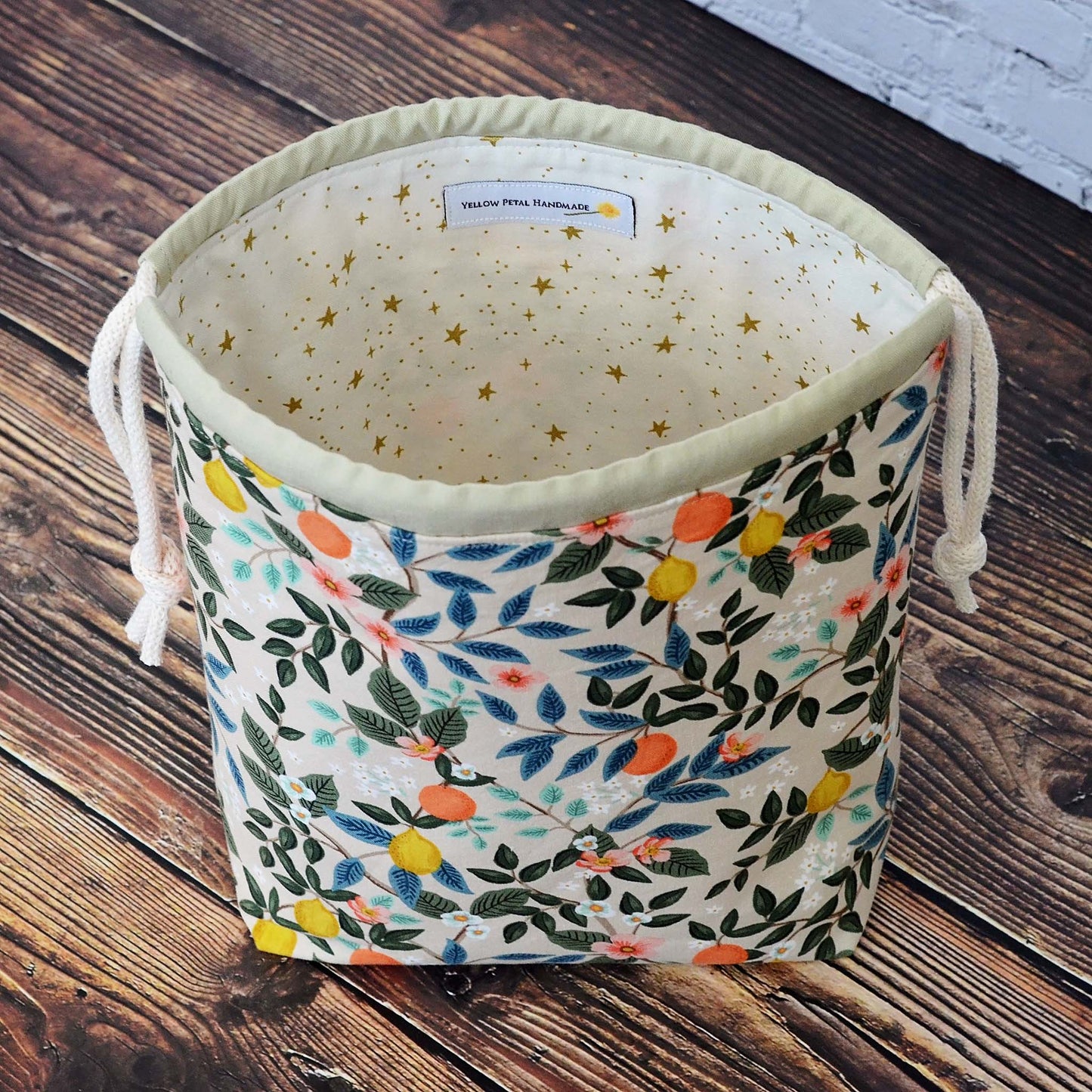 Beige floral and citrus project bag in Rifle Paper Co. Bramble Fabric.  Made in Canada by Yellow Petal Handmade.