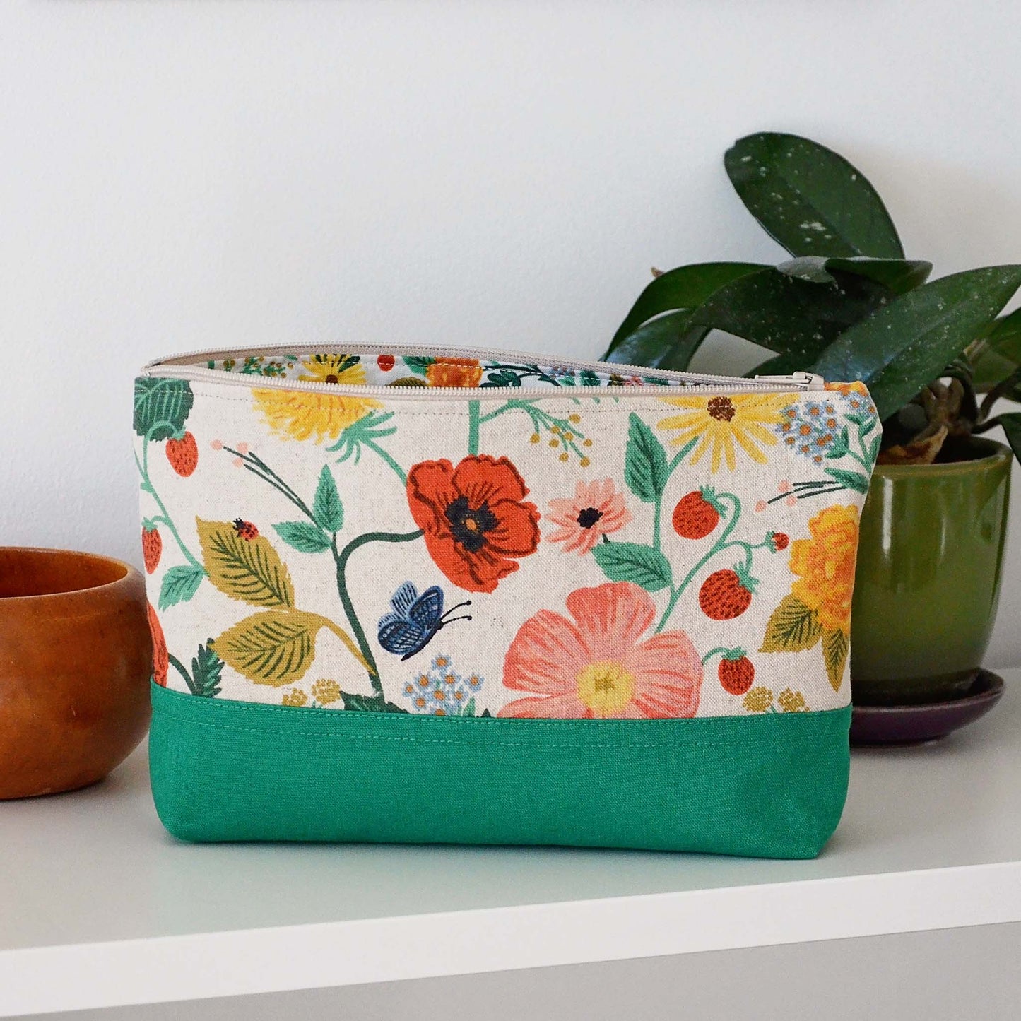 Floral and green canvas and linen accessory pouch in Camont fabrics by Rifle Paper Co. Made in Canada by Yellow Petal Handmade.