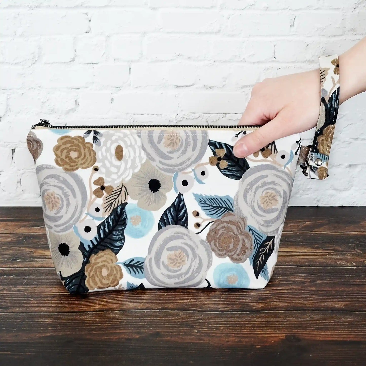 Grey and white floral canvas zippered pouch in Rifle Paper Co. Made in Nova Scotia, Canada by Yellow Petal Handmade.