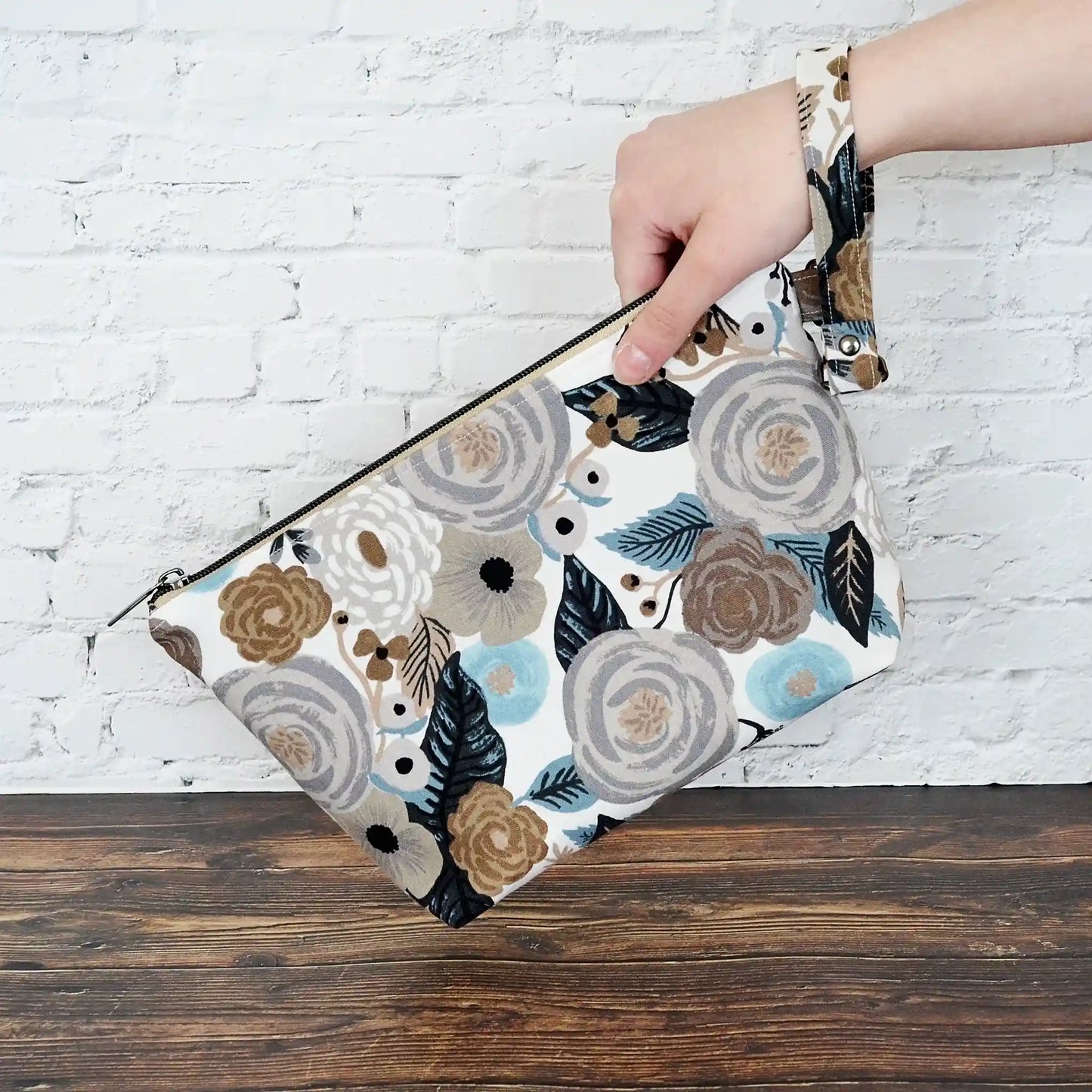 Grey and white floral canvas zippered pouch in Rifle Paper Co. Made in Nova Scotia, Canada by Yellow Petal Handmade.