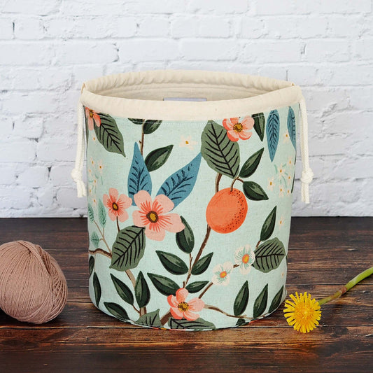 Bucket style project bag in Bramble collection canvas from Rifle Paper Co.  Handmade in Canada by Yellow Petal Handmade.