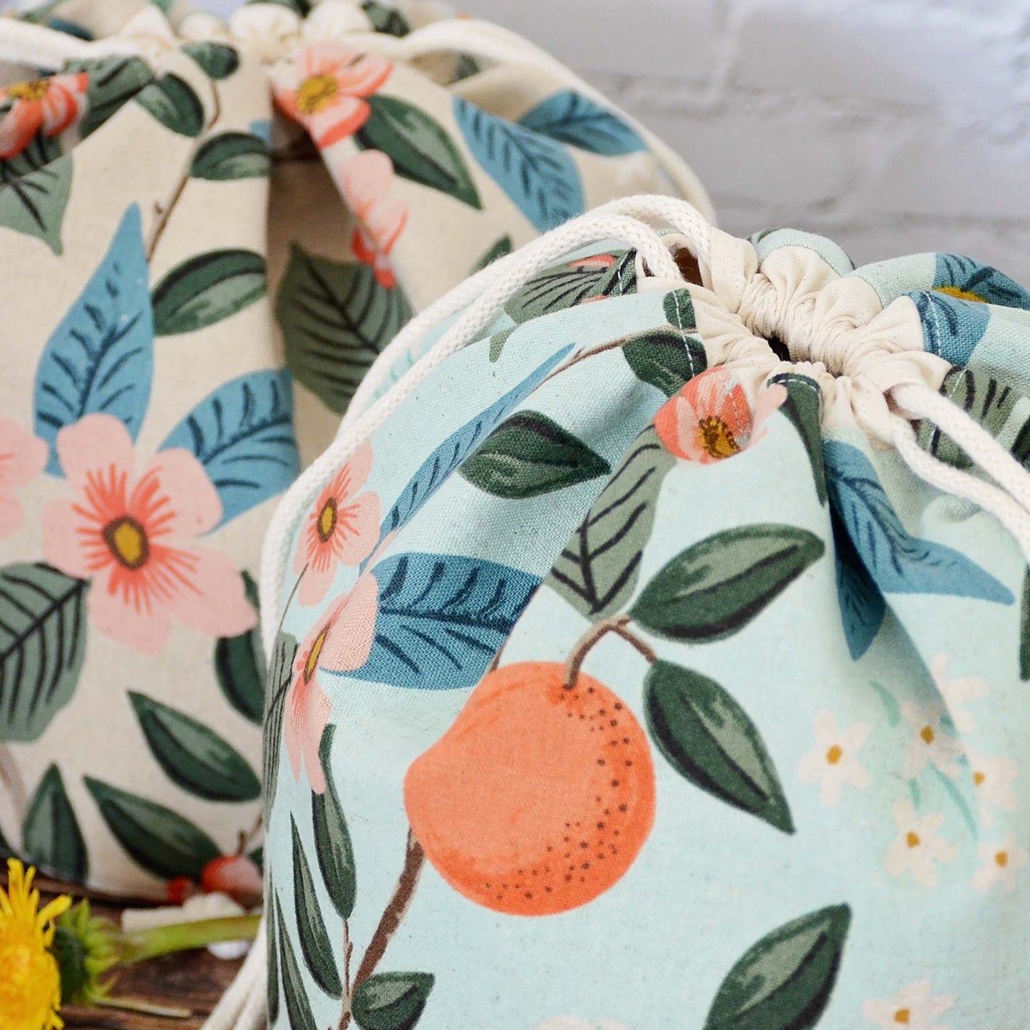 Bucket style project bag in Bramble collection canvas from Rifle Paper Co. Handmade in Canada by Yellow Petal Handmade.