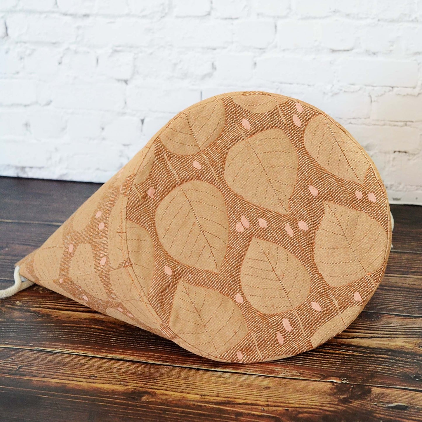 Brown linen knitting bag with leaves pattern. Made in Canada by Yellow Petal Handmade.