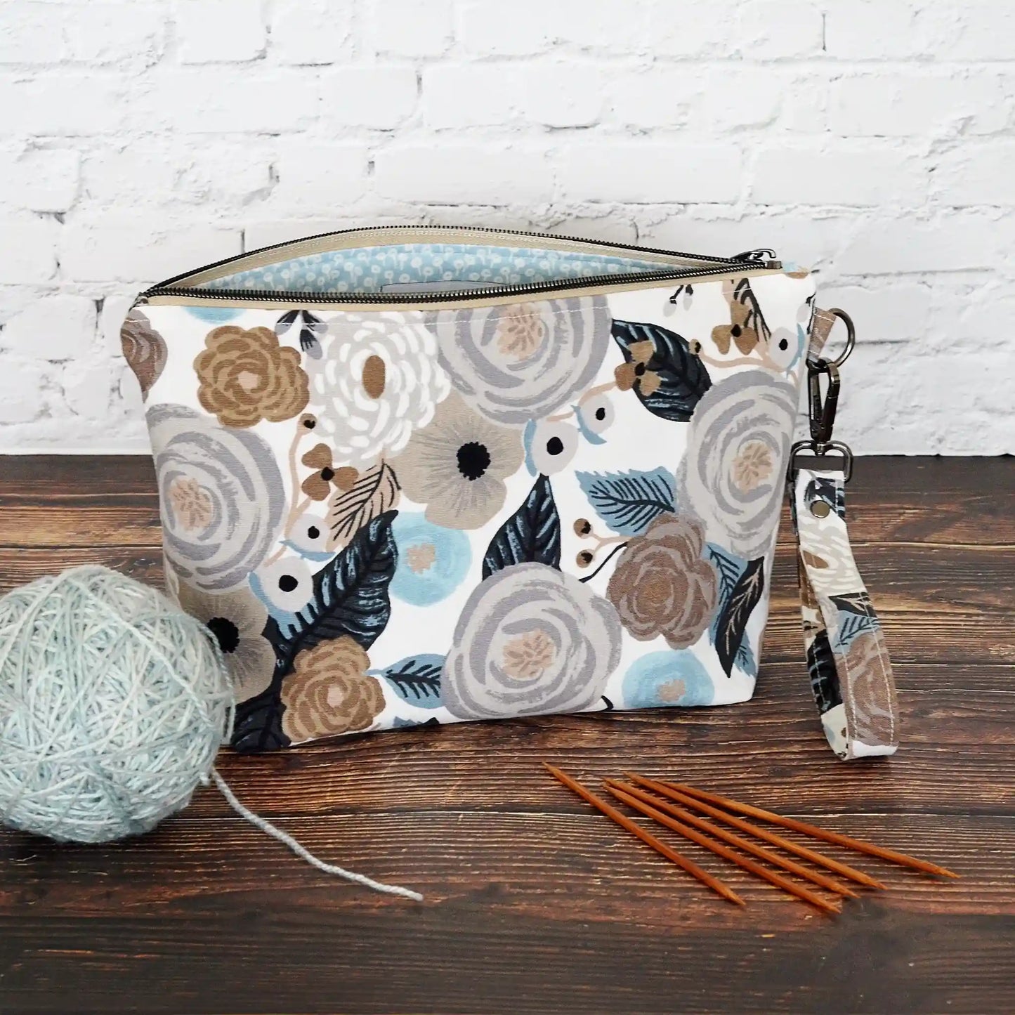 Grey and white floral canvas zippered pouch in Rifle Paper Co. Made in Nova Scotia, Canada by Yellow Petal Handmade.