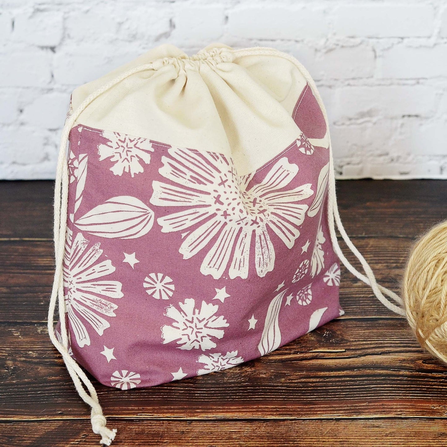 Purple foldable work in progress bag with drawstring. Made in Canada by Yellow Petal Handmade. On sale.