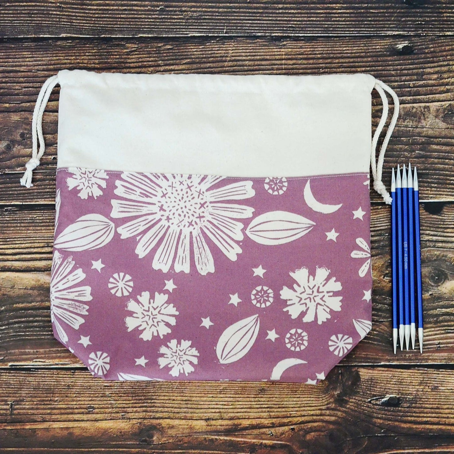 Purple foldable work in progress bag with drawstring. Made in Canada by Yellow Petal Handmade. On sale.