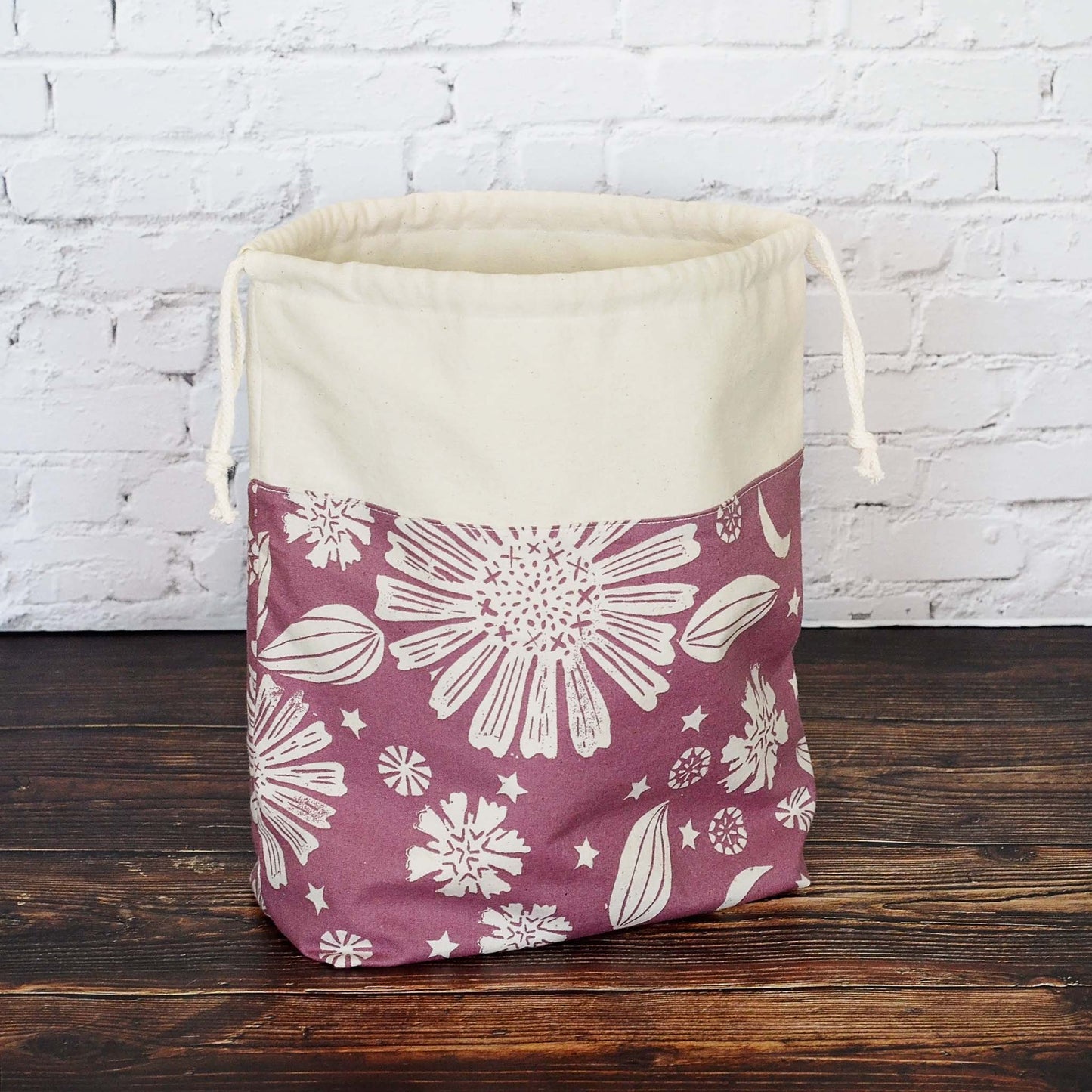 Purple foldable work in progress bag with drawstring. Made in Canada by Yellow Petal Handmade. On sale.