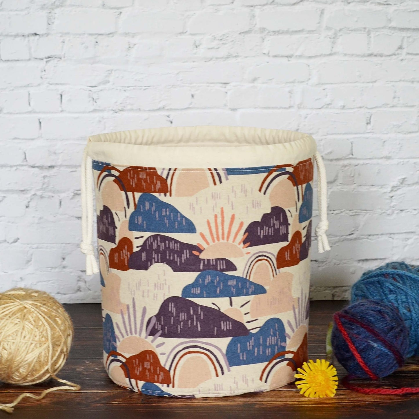 Rainbow knitting bag in canvas with multiple pockets Handmade in Nova Scotia, Canada by Yellow Petal Handmade.