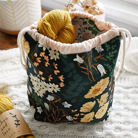 Green Floral Canvas Project Bag with Pockets