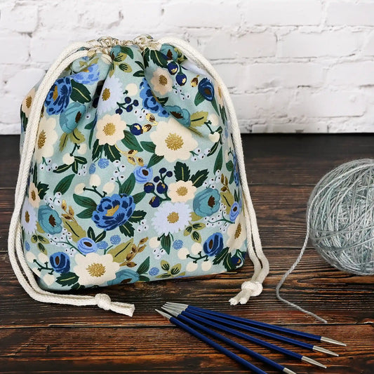 Aqua floral drawstring bag for knitting or crochet.  Made from Rifle Paper Co's Vintage Garden collection.  Made in Nova Scotia, Canada by Yellow Petal Handmade.