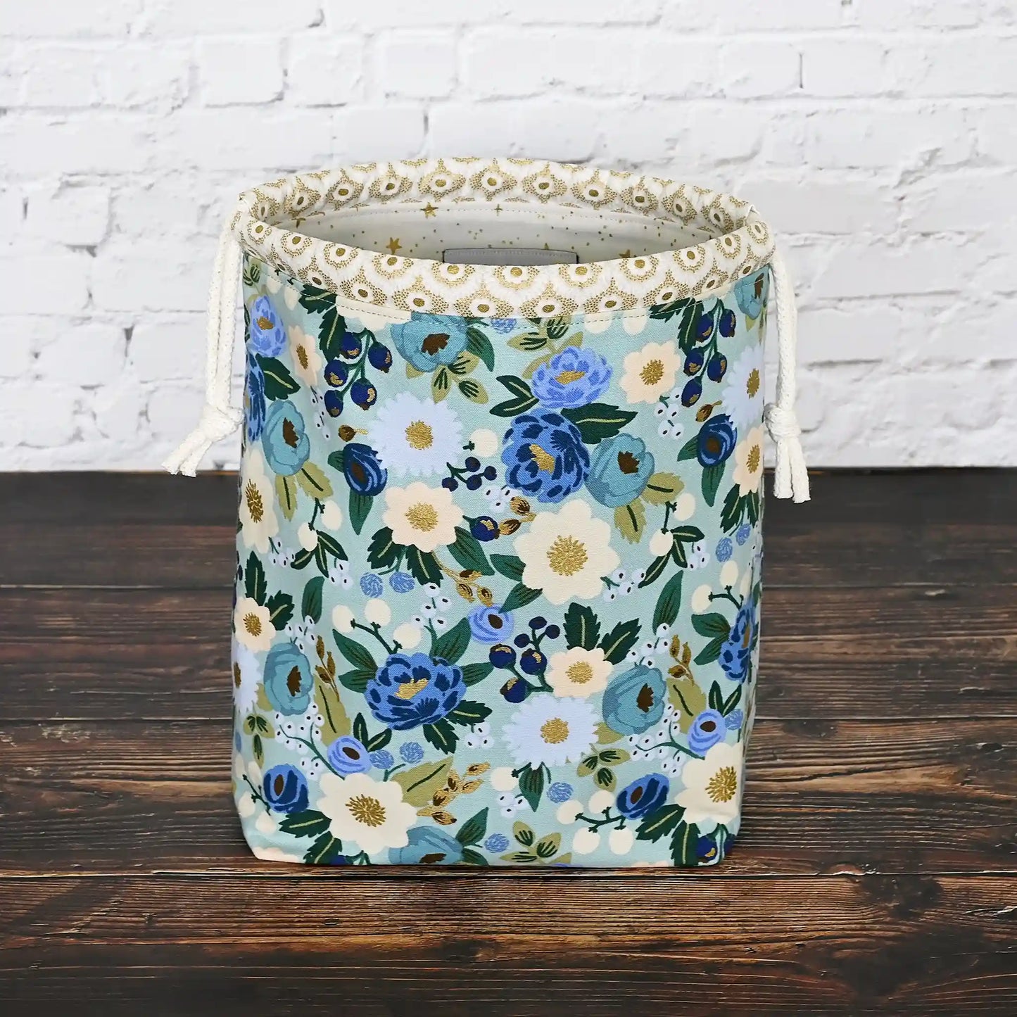 Aqua floral drawstring bag for knitting or crochet.  Made from Rifle Paper Co's Vintage Garden collection.  Made in Nova Scotia, Canada by Yellow Petal Handmade.