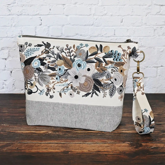 Pretty Zippered Project Bag in Pretty Grey and Cream Floral