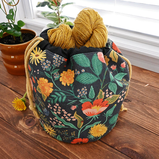 Large Bucket Style Drawstring Knitting Bag with Quilted Bottom