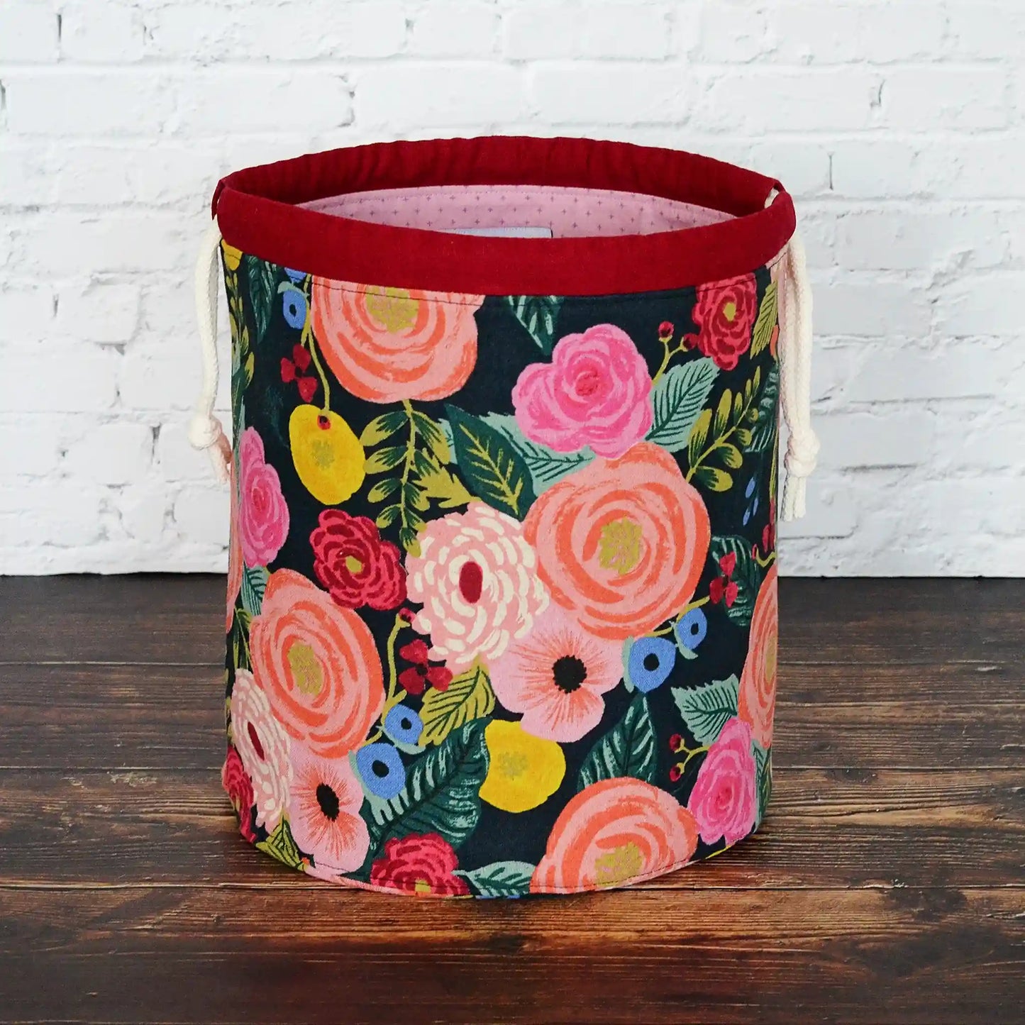 Stunning floral project bag in English Garden canvas by Rifle Paper Co.  Lined in a mauve cotton.  Made in Nova Scotia, Canada by Yellow Petal Handmade.