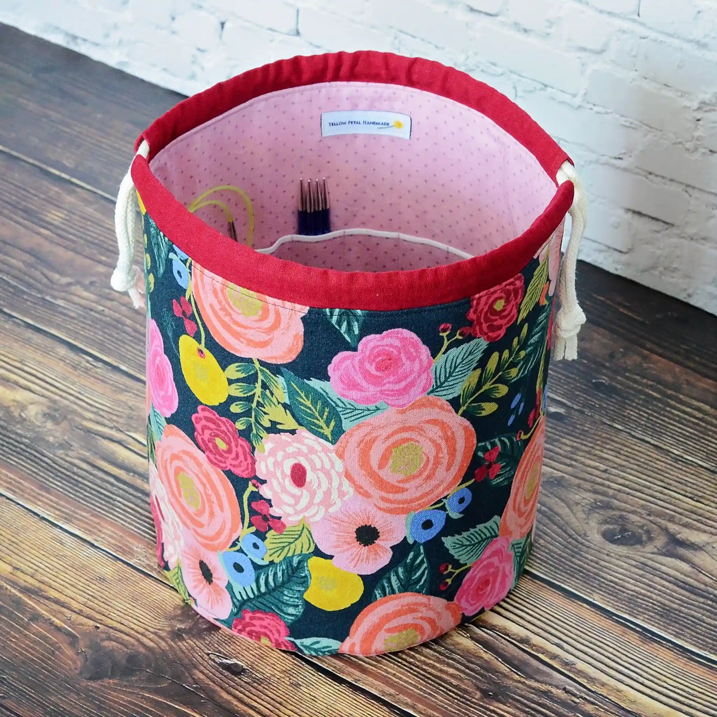 Stunning floral project bag in English Garden canvas by Rifle Paper Co.  Lined in a mauve cotton.  Made in Nova Scotia, Canada by Yellow Petal Handmade.