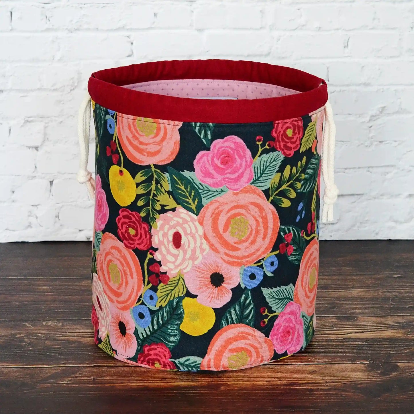 Stunning floral project bag in English Garden canvas by Rifle Paper Co.  Lined in a mauve cotton.  Made in Nova Scotia, Canada by Yellow Petal Handmade.