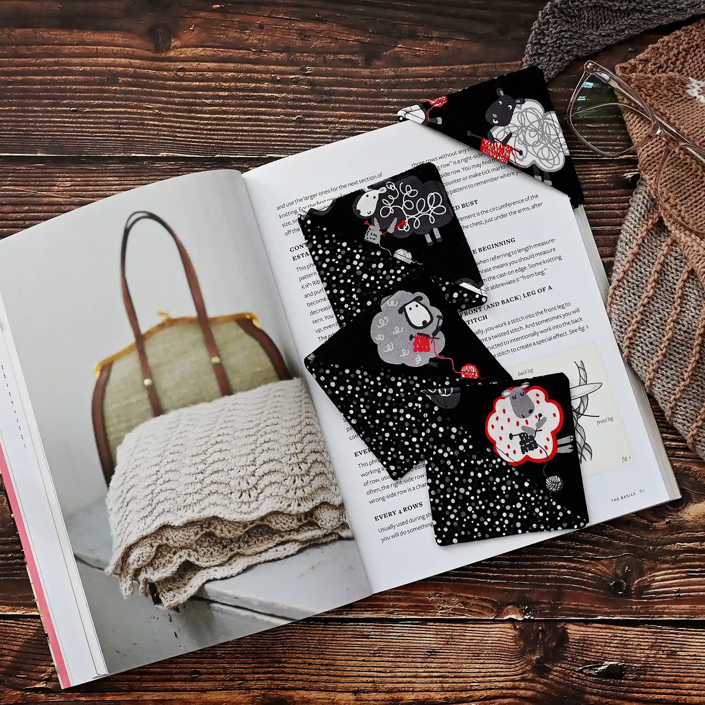 Adorable knitting sheep bookmarks featuring various sheep on a black spotted background.  Great gift for knitters!  Made in Canada by Yellow Petal Handmade.