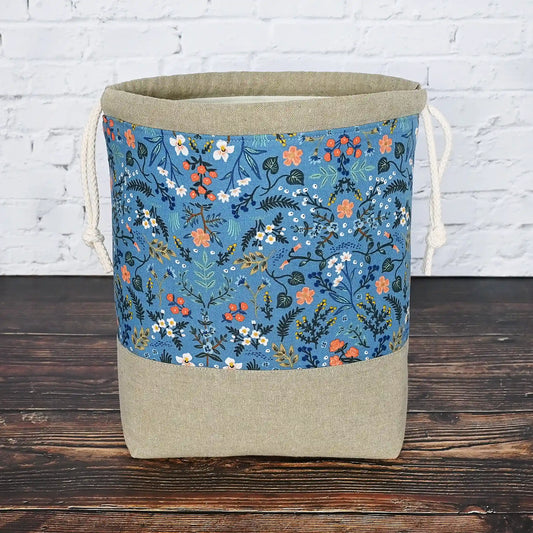 Cotton and Linen Drawstring Knitting Bag with Pockets