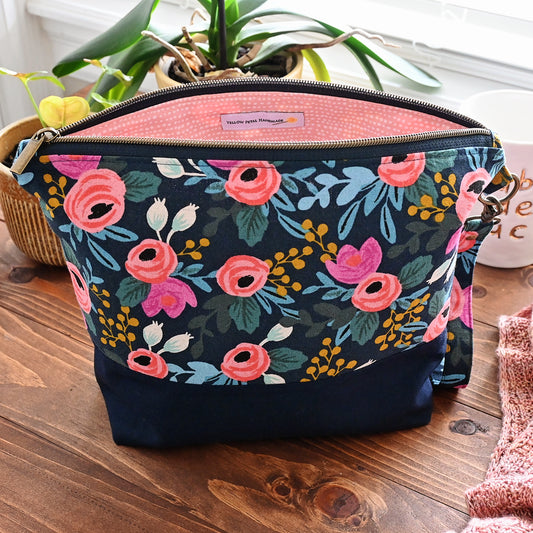 Navy Rosa Canvas Project Bag with Pockets