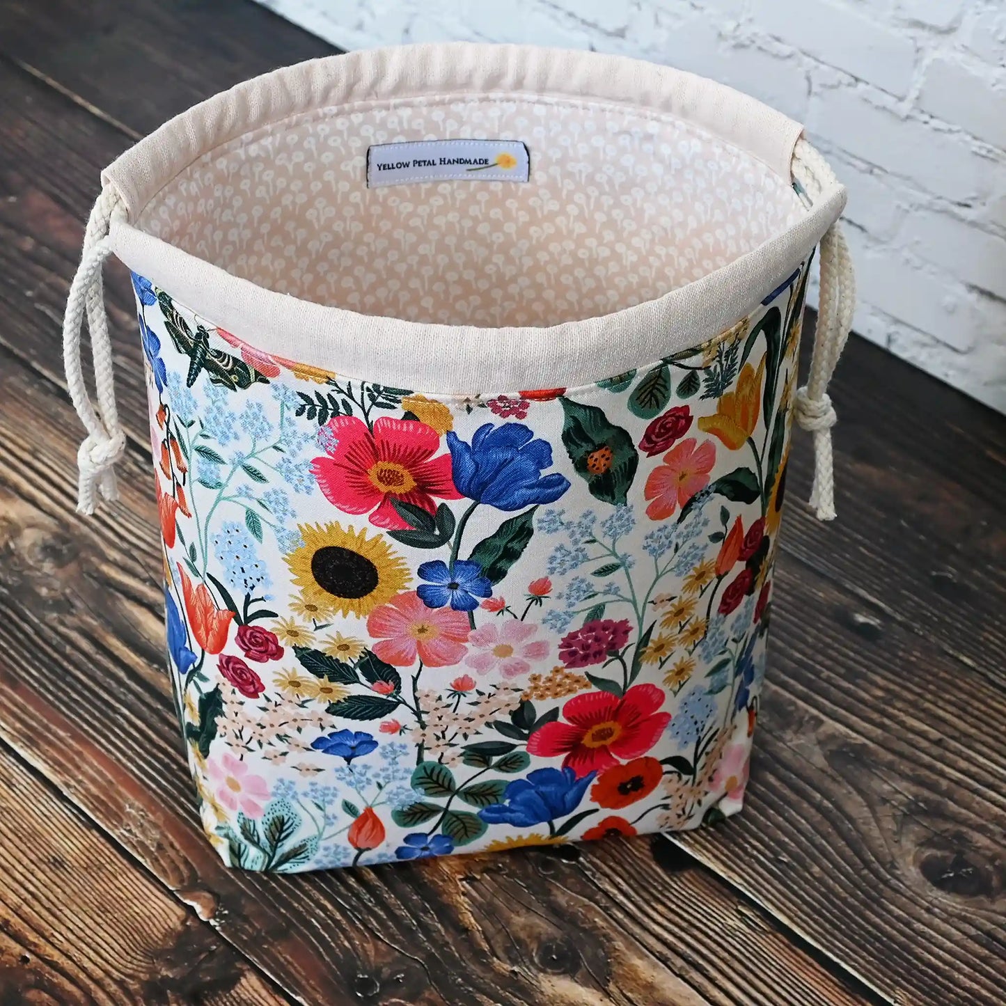 Pretty blush floral project bag with drawstring closure, made from the Curio collection by Rifle Paper Co.  Made in Nova Scotia, Canada by Yellow Petal Handmade.