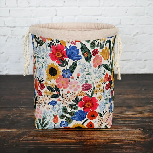 Pretty blush floral project bag with drawstring closure, made from the Curio collection by Rifle Paper Co.  Made in Nova Scotia, Canada by Yellow Petal Handmade.